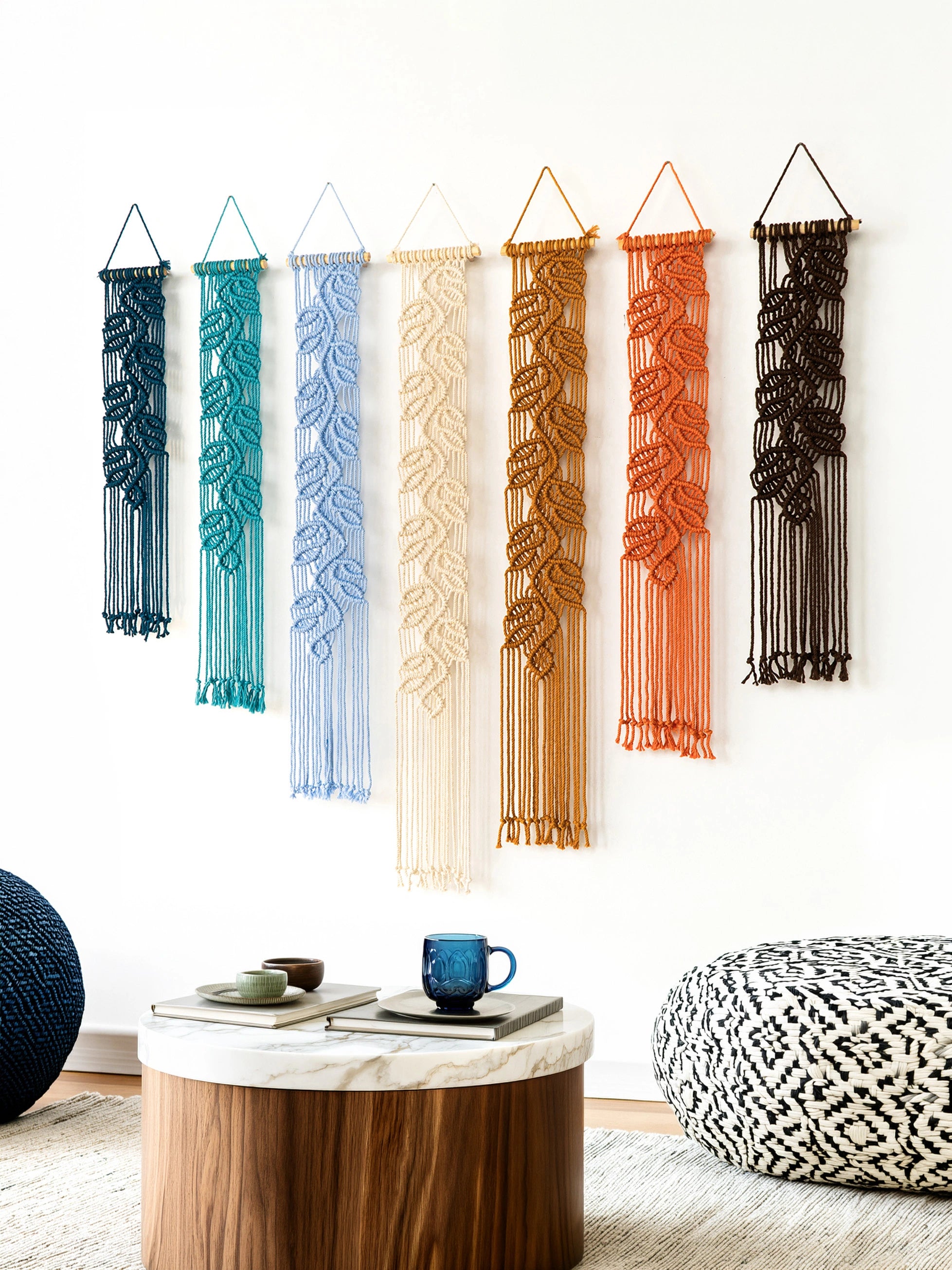 Six woven macrame wall hangings in different colors are displayed on a white wall above a round wooden coffee table with a mug, in a styled living room setting.