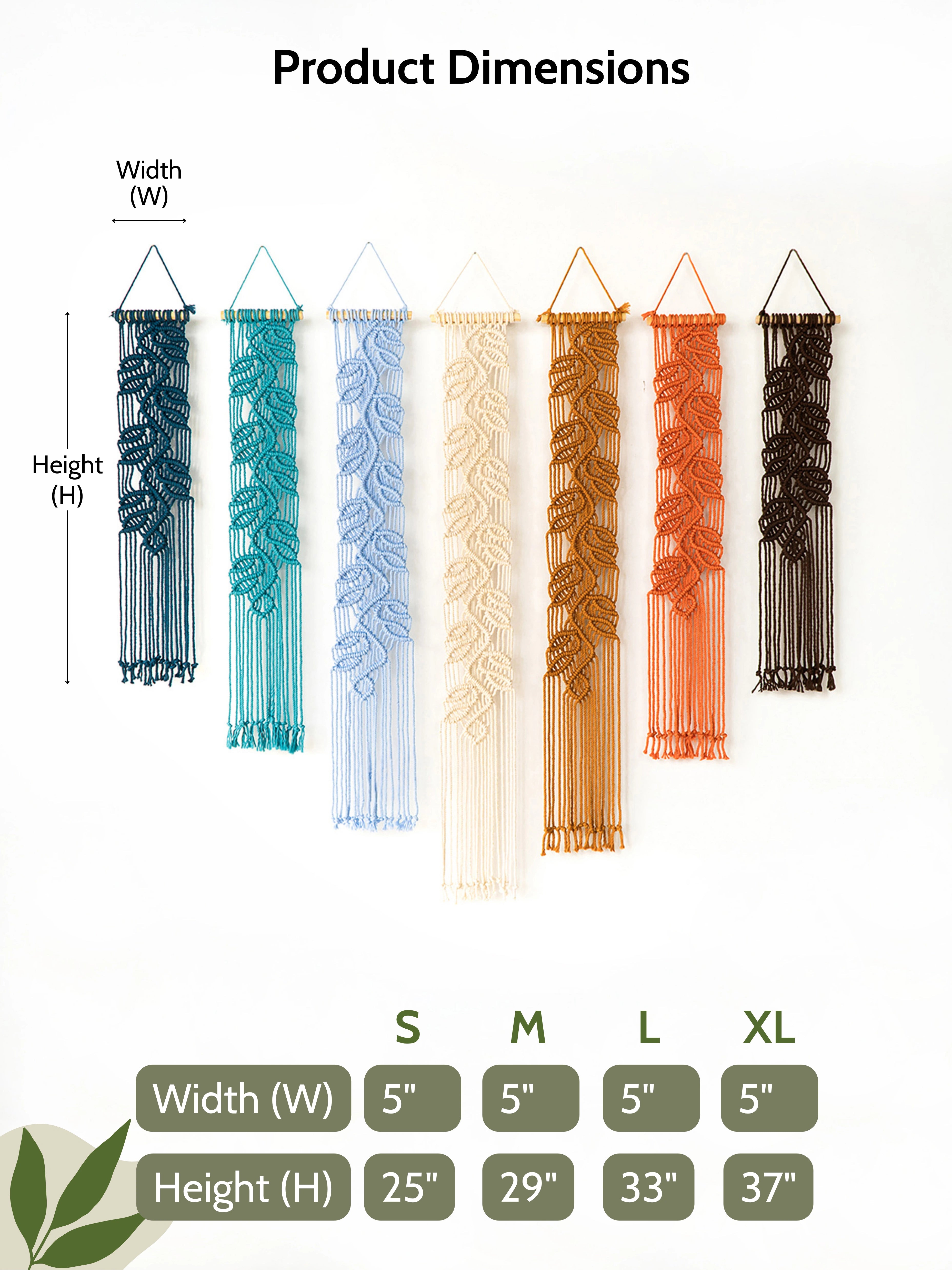 Product dimensions chart showing six macrame wall hangings in different colors (black, teal, light blue, cream, orange, brown) with labeled width and height measurements, plus a size table for S, M, L, and XL.