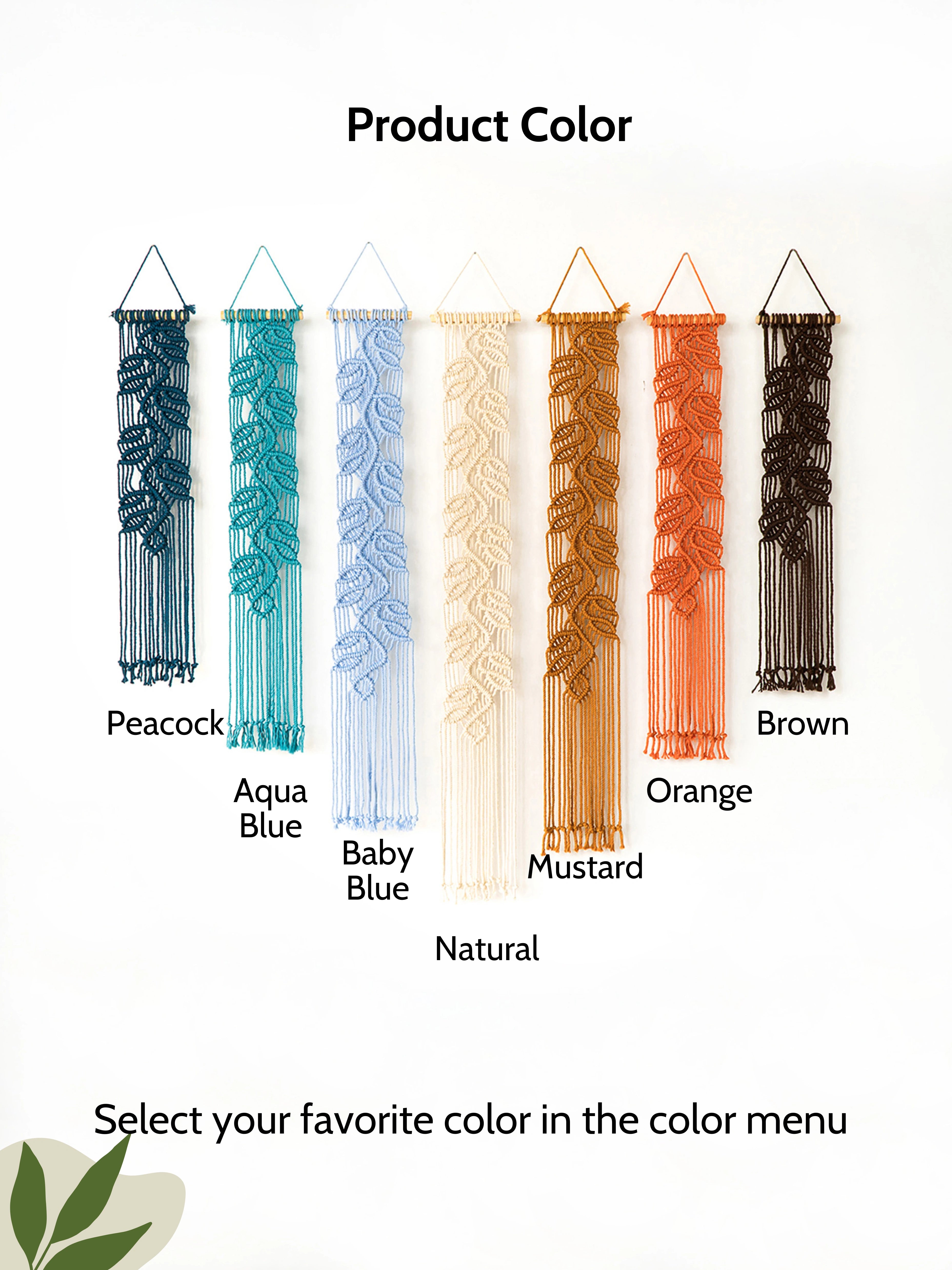 A color selection chart showing seven hanging woven macrame wall hangings labeled Peacock, Aqua Blue, Baby Blue, Natural, Mustard, Orange, and Brown, with the text 'Product Color' and 'Select your favorite color in the color menu' on a white background.