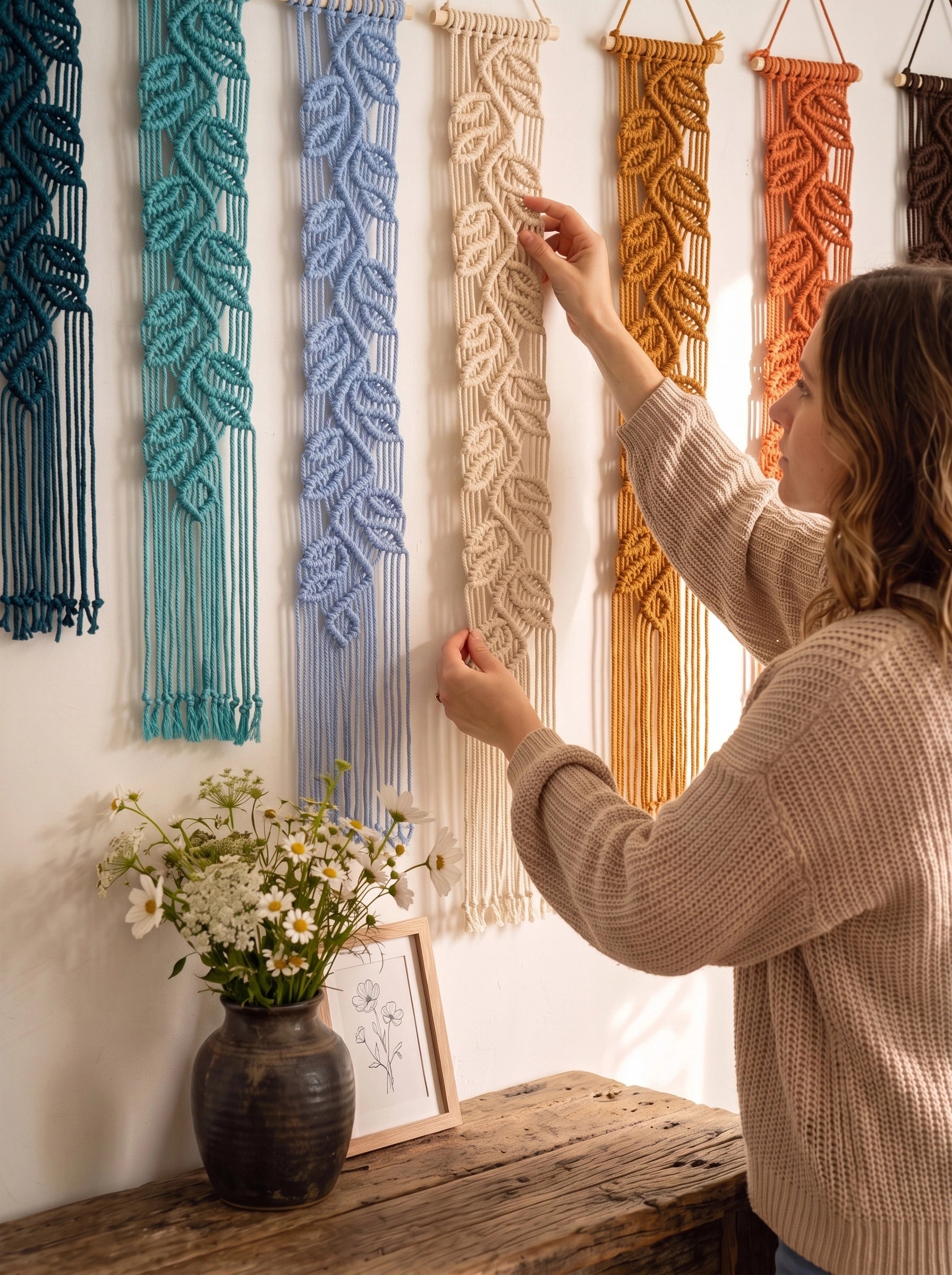 A woman in a beige knit sweater adjusts a cream macrame wall hanging, with several other colorful macrame wall hangings displayed on a white wall above a rustic wooden table with a vase of flowers.