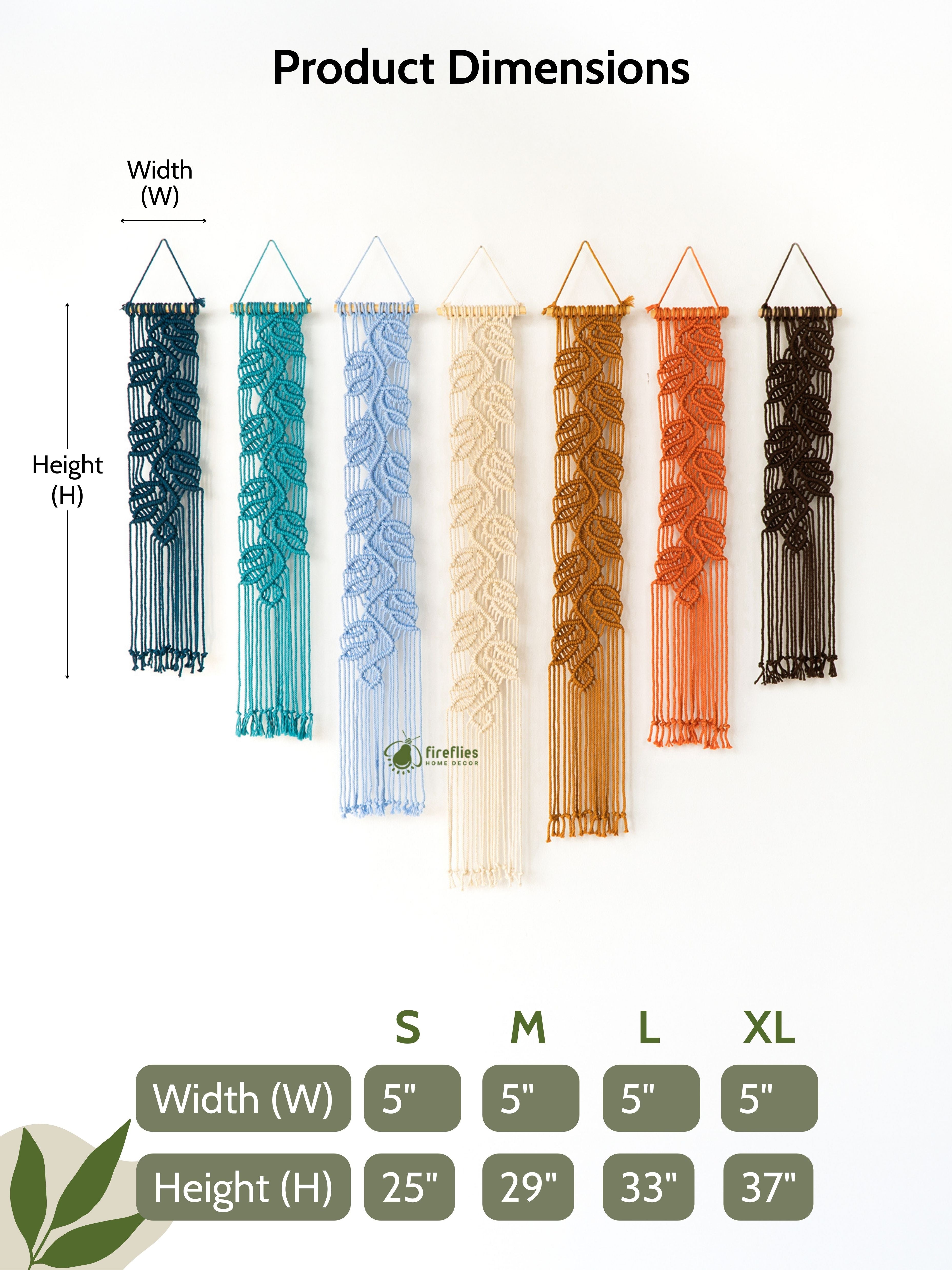 Bohemian textile wall art display of seven pieces, each showcasing a distinctive sculptural leaf knotting technique.