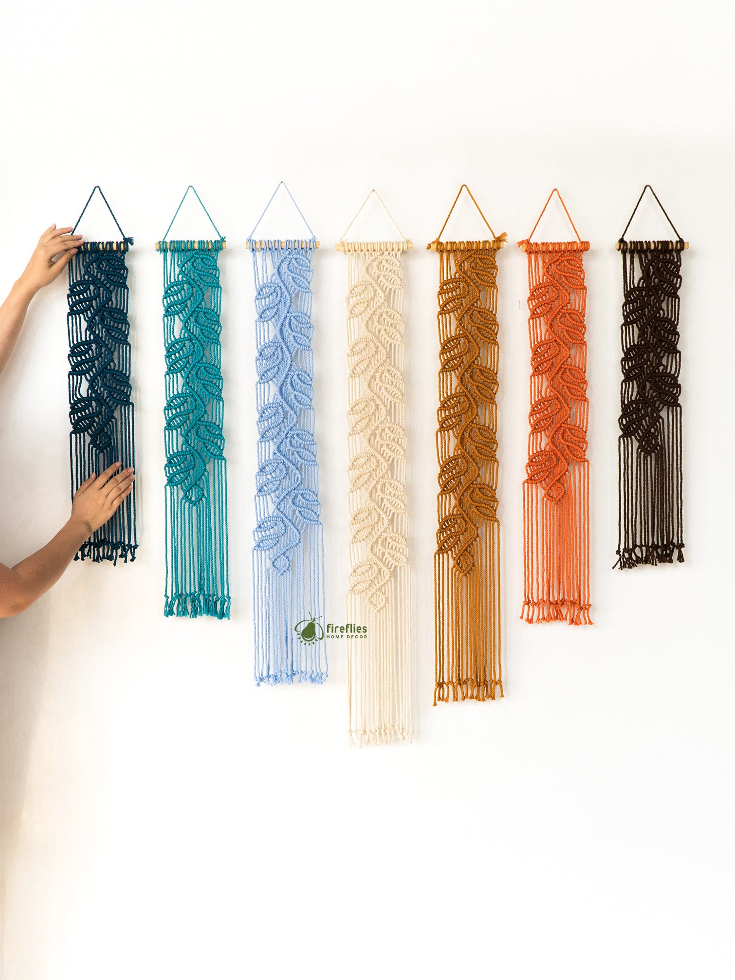 Macrame wall art collection for a gallery wall, all featuring the same unique and detailed leaf knot design.