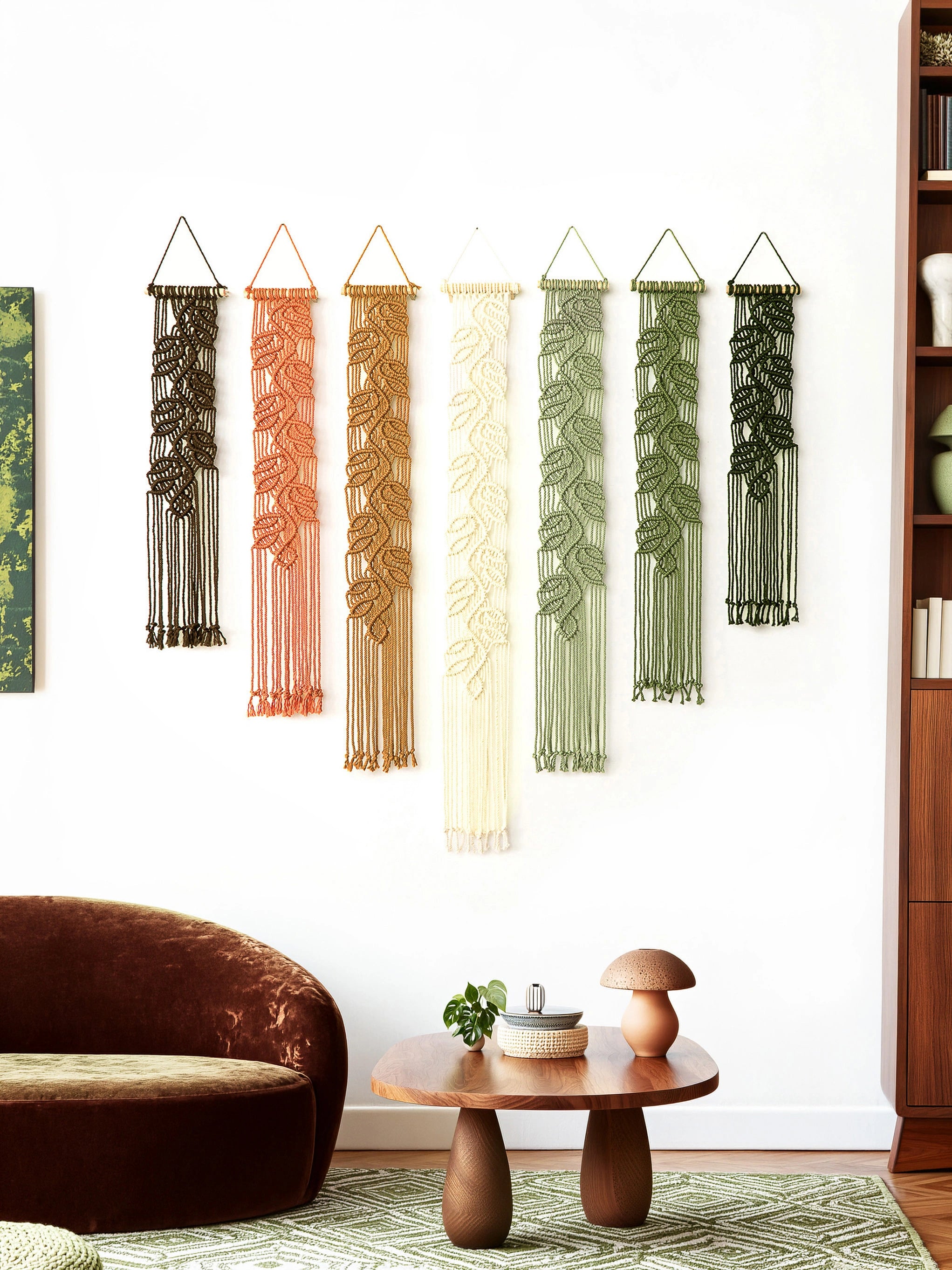 Six leaf-patterned macrame wall hangings in black, terracotta, ochre, cream, sage green, and forest green, displayed in a row on a white wall above a brown velvet sofa and a wooden side table.