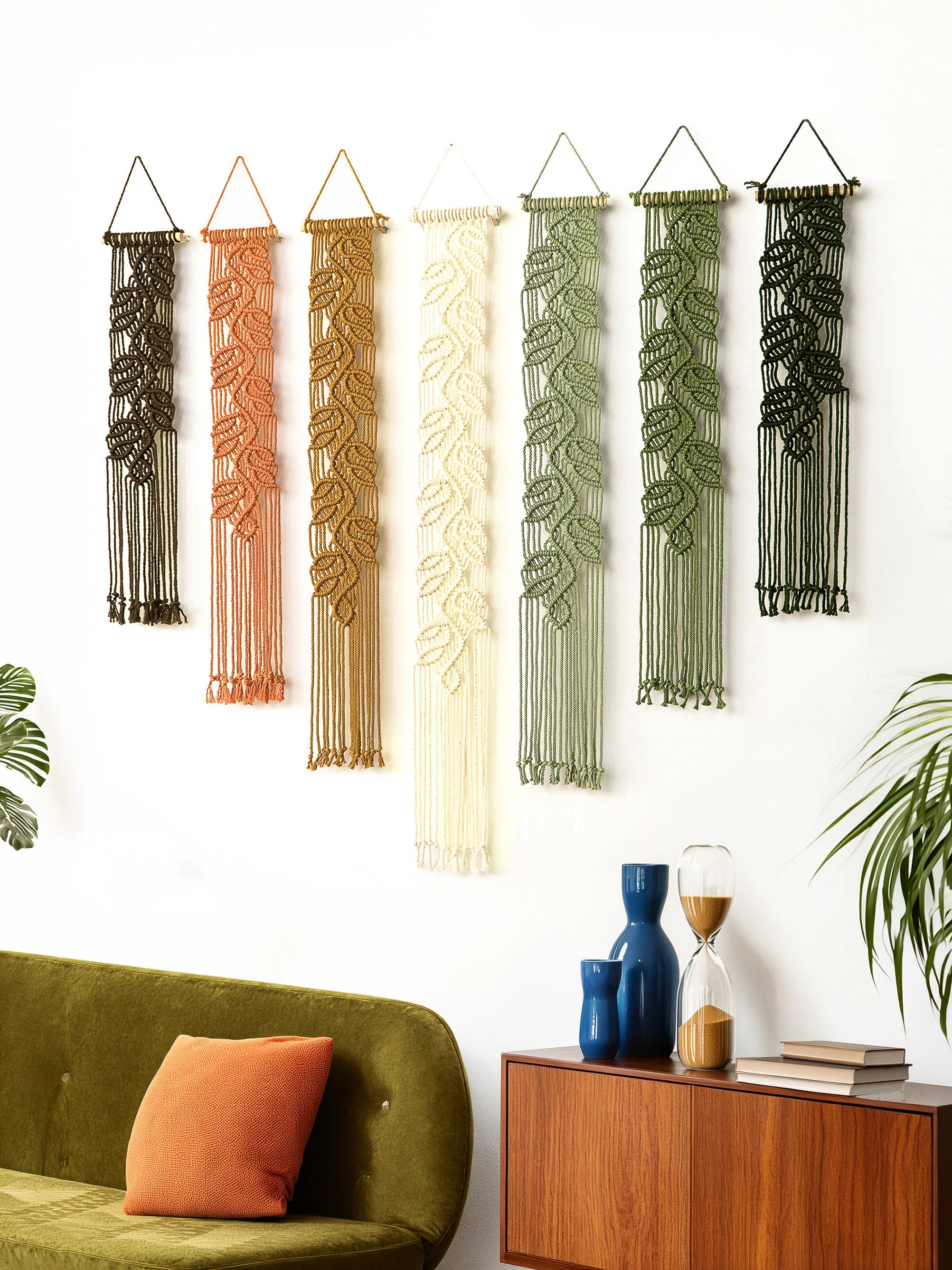 Six woven macrame wall hangings with leaf patterns in black, terracotta, cream, olive green, sage green, and dark green, displayed on a white wall above a green sofa and wooden sideboard.