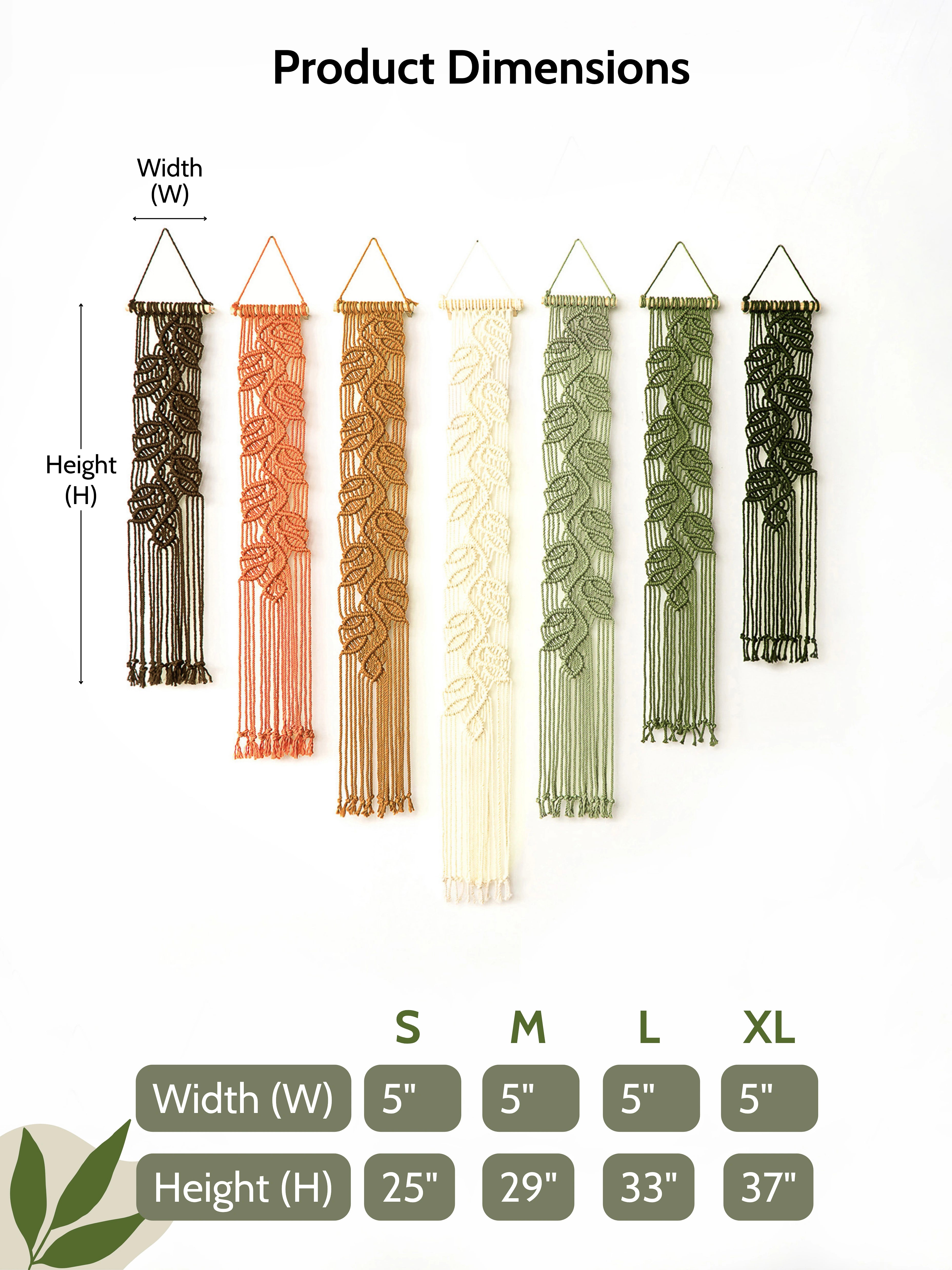 Product dimensions chart showing six hanging leaf-patterned macrame wall hangings in black, rust orange, cream, sage green, olive green, and dark green, with width and height measurements and size tables for S, M, L, and XL.