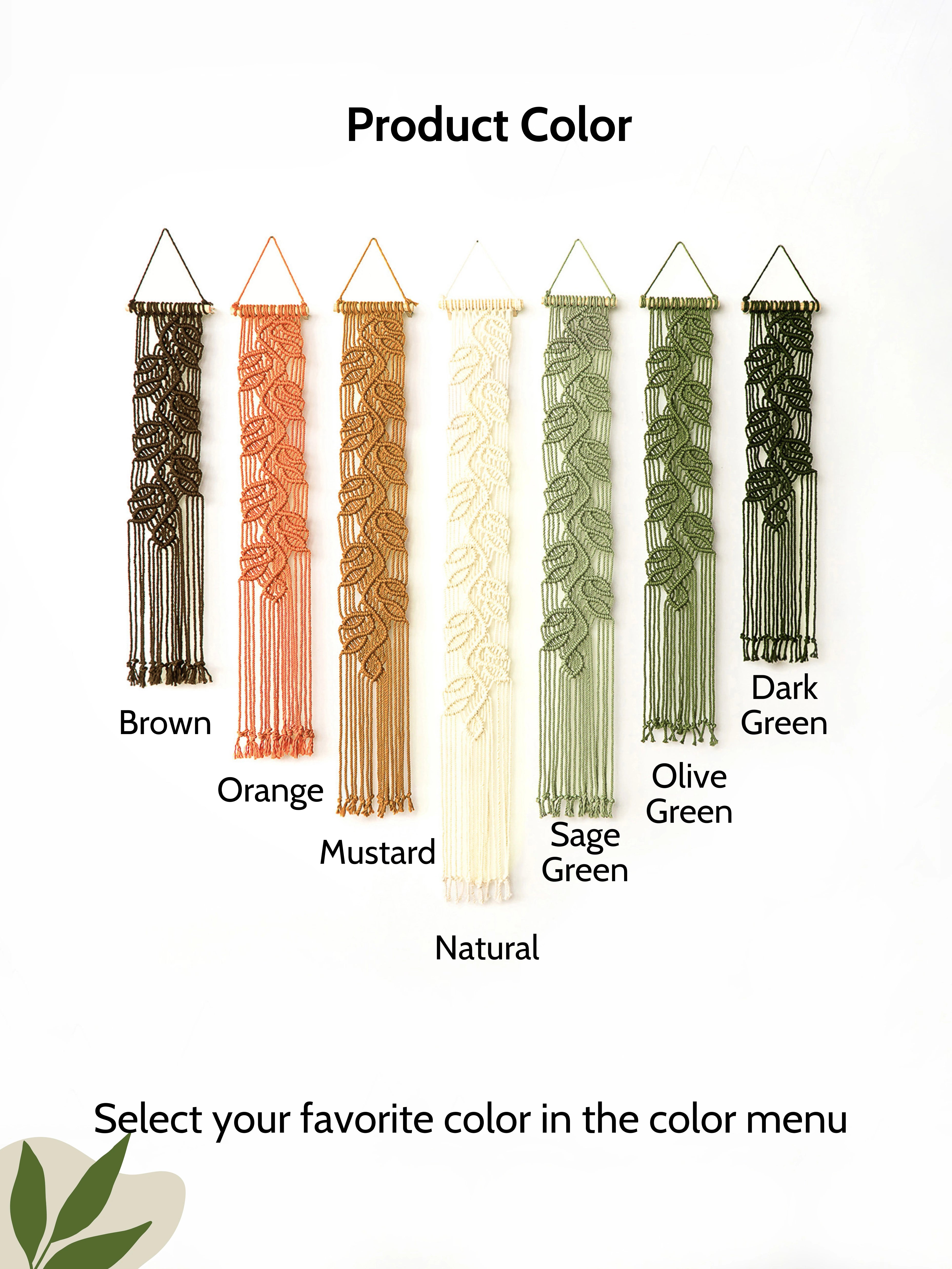 A color selection graphic showing six hanging macrame wall hangings with leaf patterns and labels for color options: Brown, Orange, Mustard, Natural, Sage Green, Olive Green, and Dark Green. Text reads 'Product Color' and 'Select your favorite color in the color menu'.