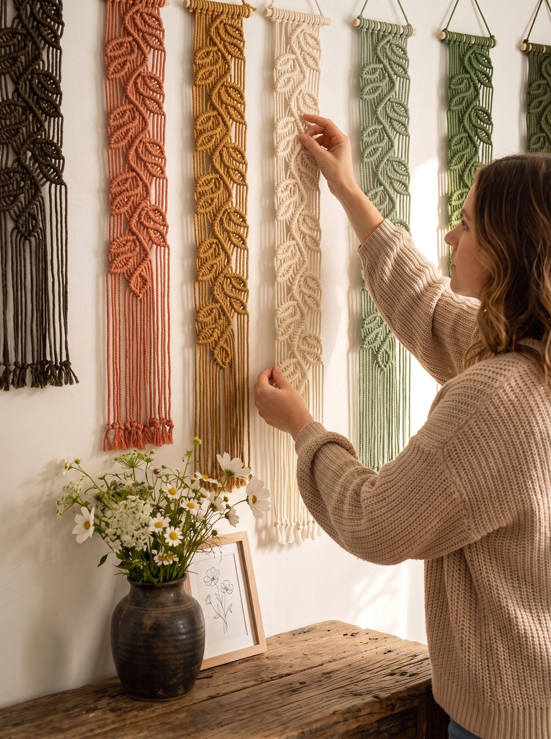 A woman in a beige knit sweater hangs a cream macrame wall hanging on a white wall, next to other colorful woven wall hangings in terracotta, mustard, sage green, and olive green. A rustic wooden table with a dark vase of white flowers sits below.