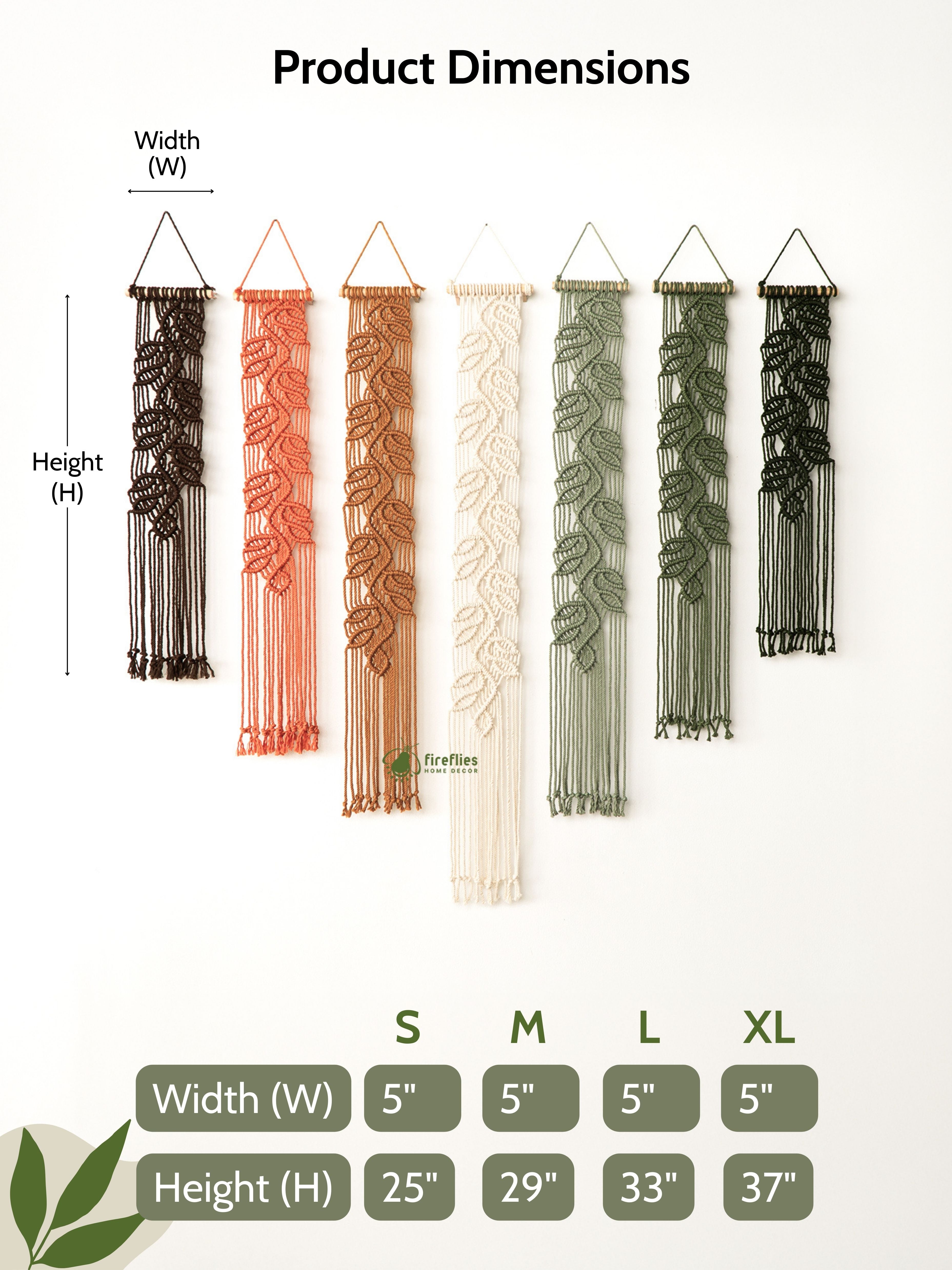 Product dimensions chart for decorative items with color options and size labels.