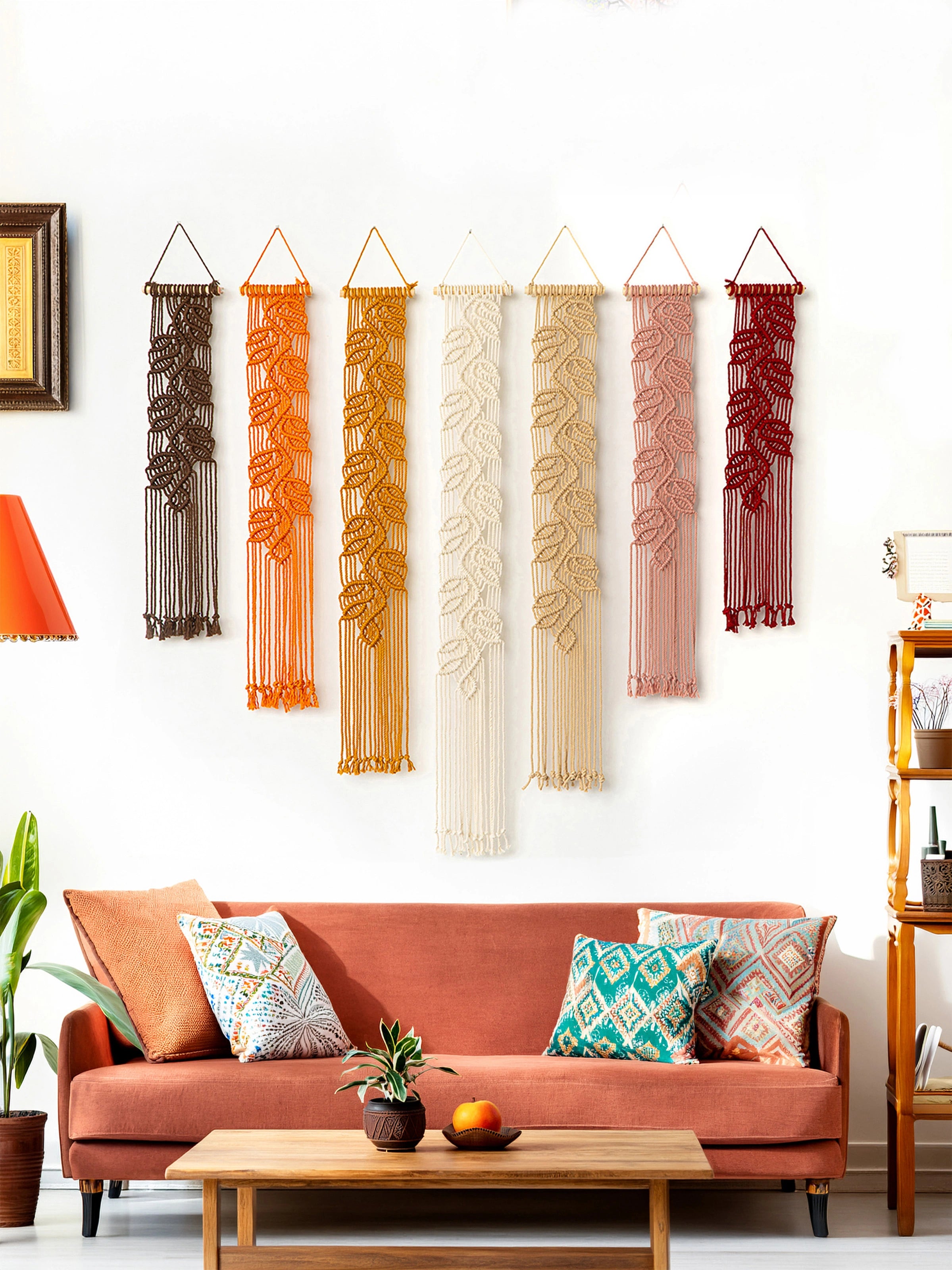 Six leaf-patterned macrame wall hangings in brown, orange, cream, blush, and burgundy are displayed in a row on a white wall above a terracotta-colored sofa in a styled living room.