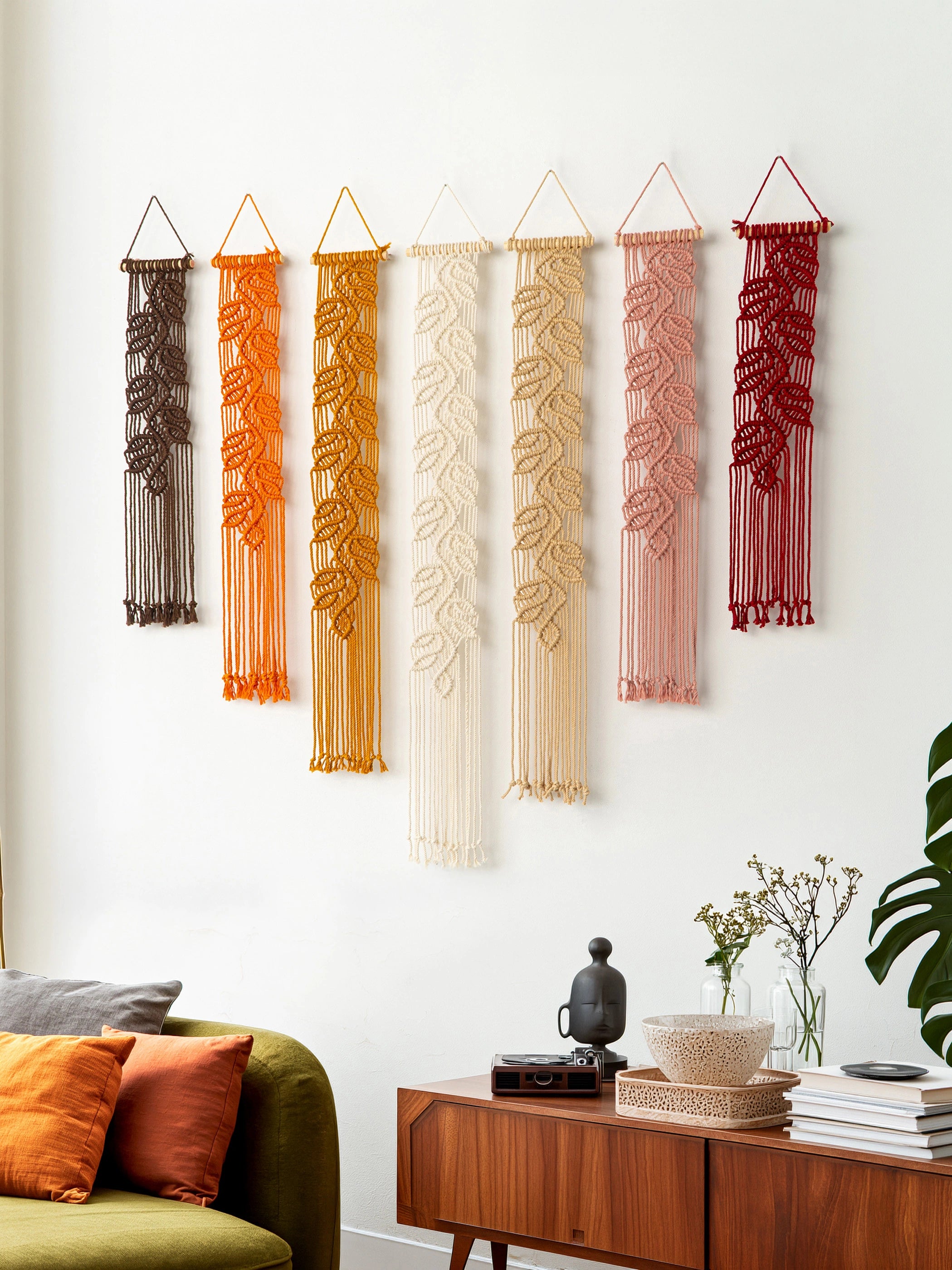 Six woven macrame wall hangings in brown, orange, cream, beige, dusty pink, and red are displayed in a row on a white wall above a green sofa and wooden sideboard.