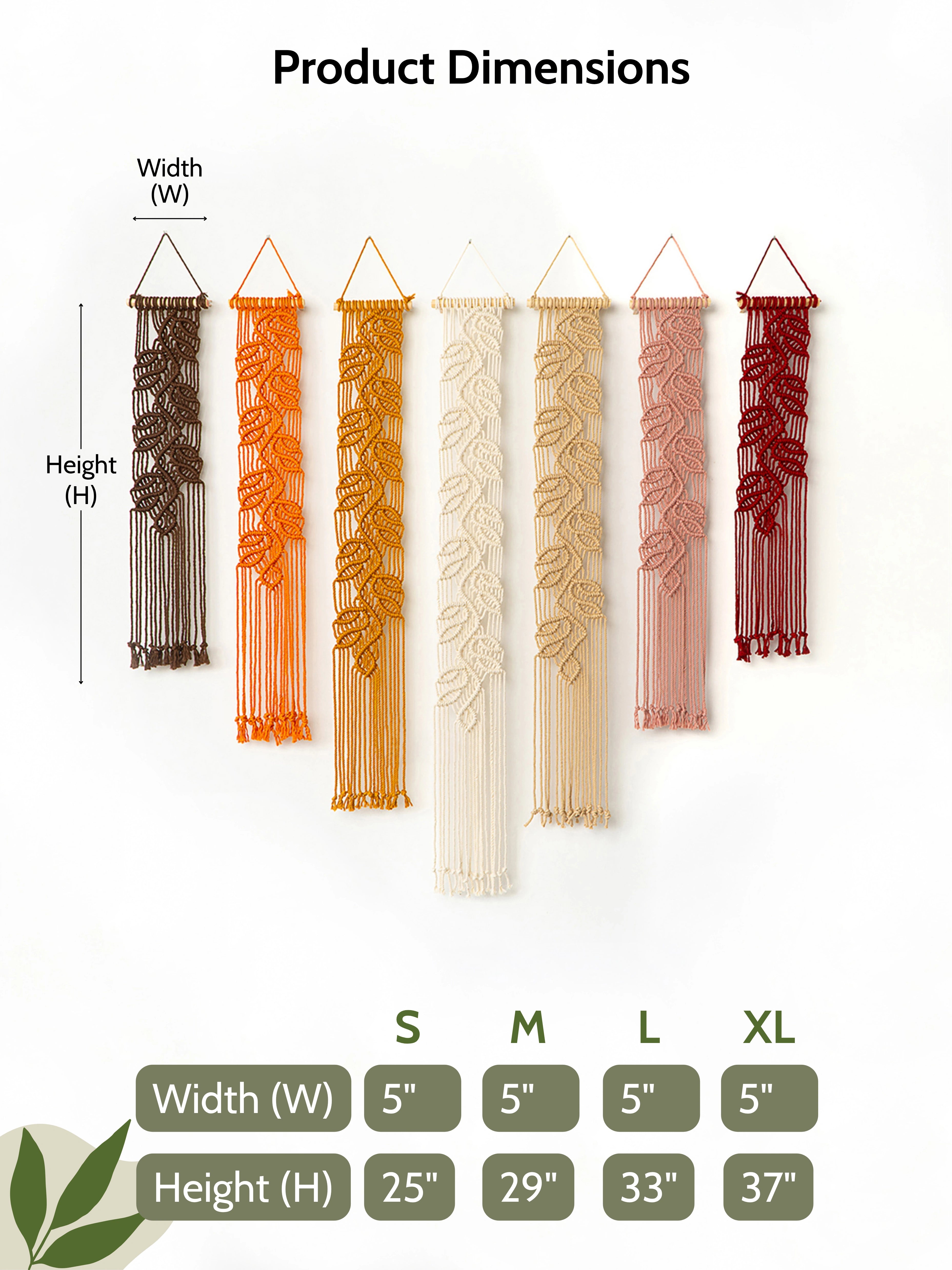 Product dimensions chart showing six macrame wall hangings in brown, orange, cream, and burgundy, with labeled width and height measurements and a size table for S, M, L, and XL.