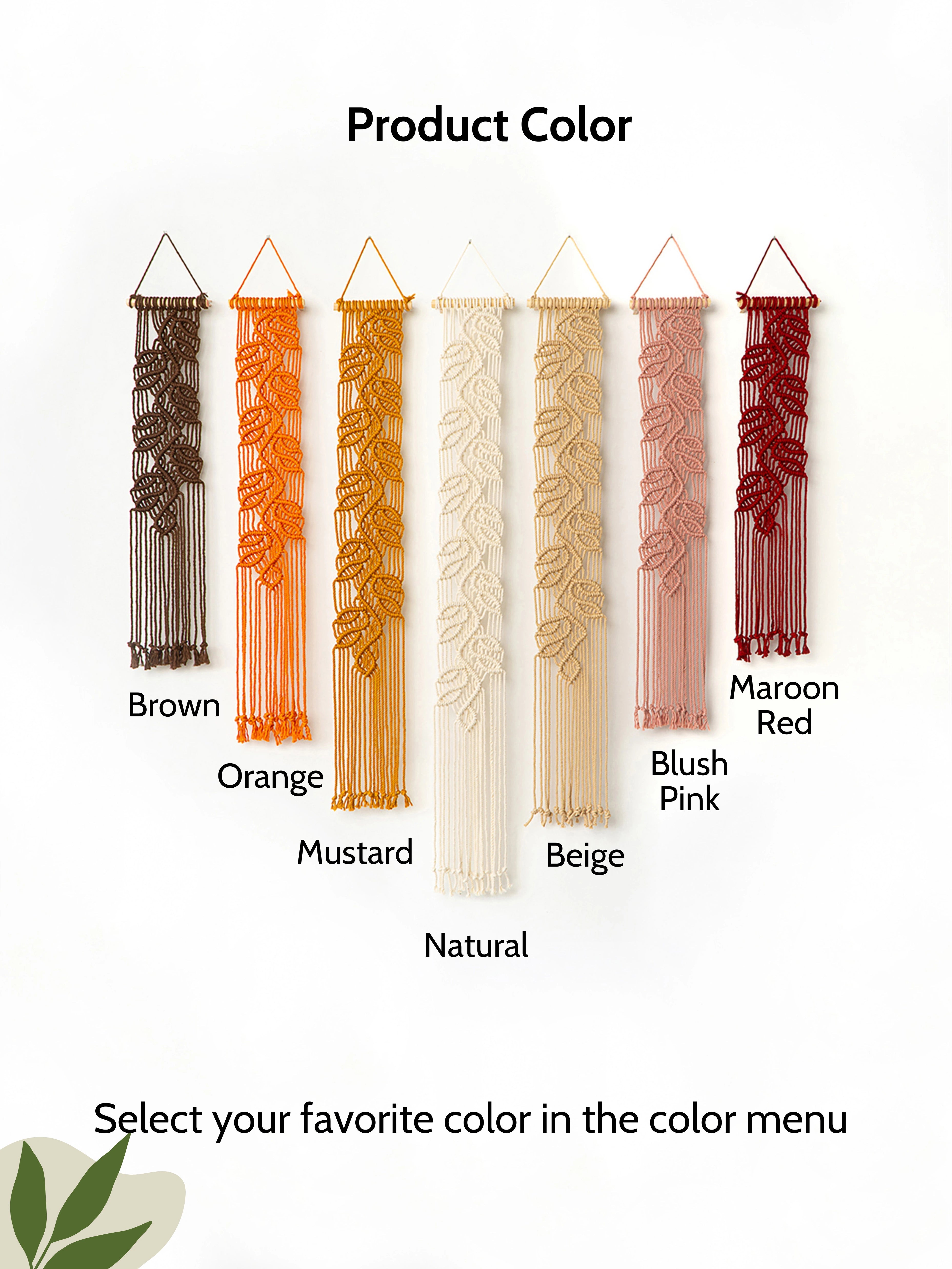 A color selection graphic for a macrame wall hanging, showing six vertical woven strands in different colors: Brown, Orange, Mustard, Beige, Blush Pink, and Maroon Red, with labels and the text 'Product Color' and 'Select your favorite color in the color menu'.
