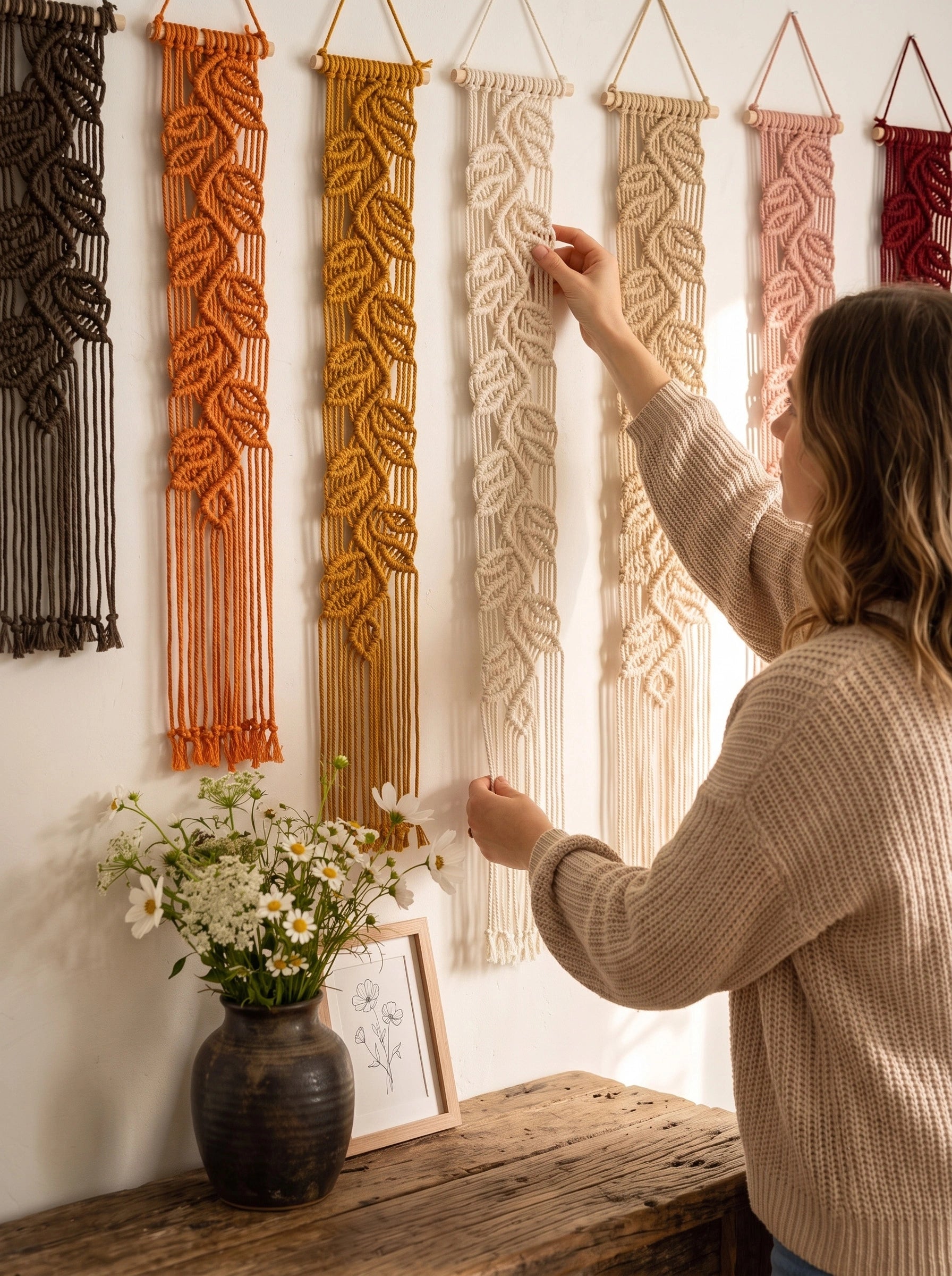 A woman in a beige knit sweater adjusts a cream macrame wall hanging, with several other colorful macrame wall hangings displayed on a white wall above a rustic wooden table with a vase of daisies.