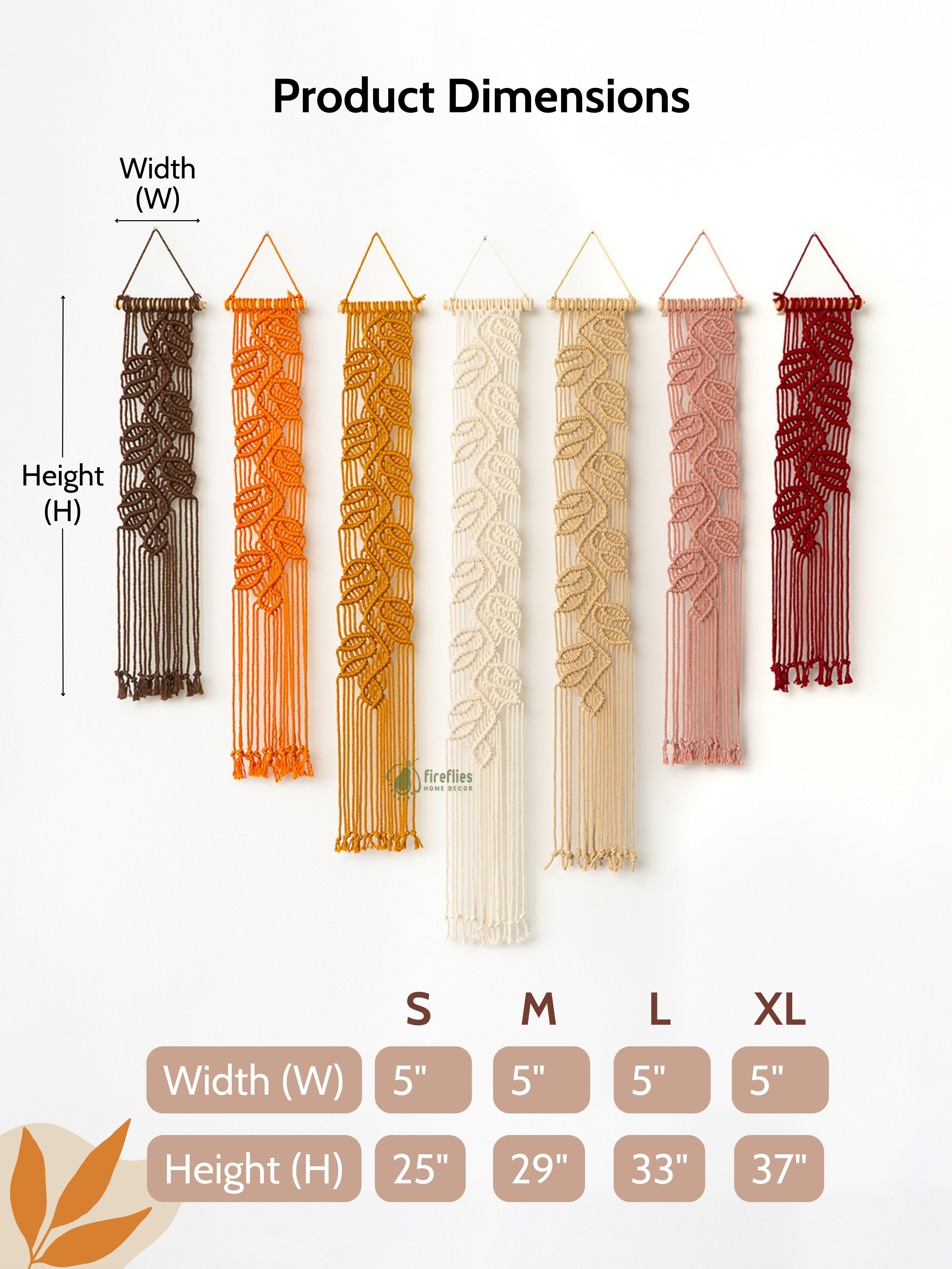 Detailed view of the sculptural leaf knotting technique used on the four macrame pieces in earthy and autumnal tones.