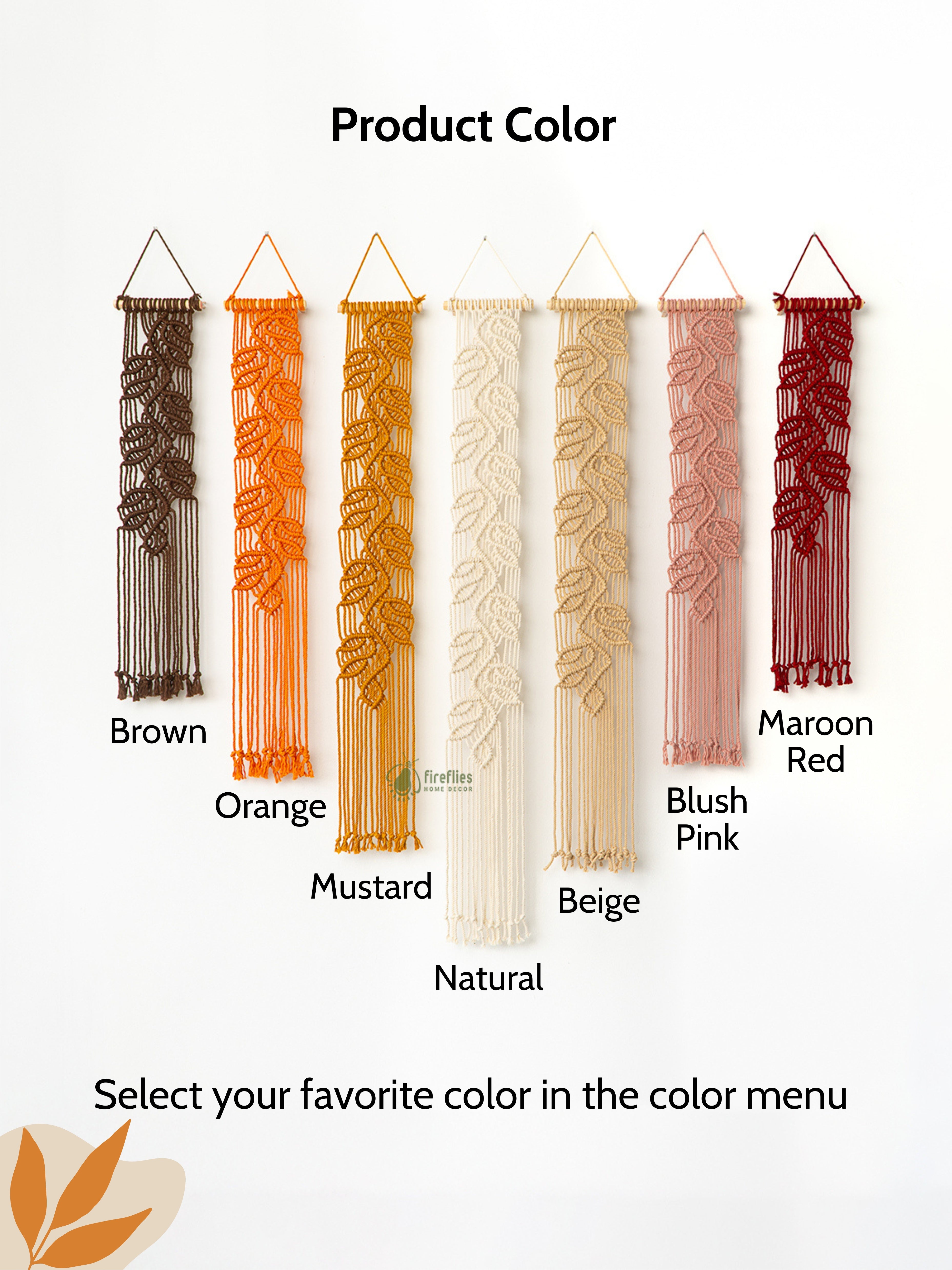Color swatches for decorative wall hangings with labels and a brand logo.
