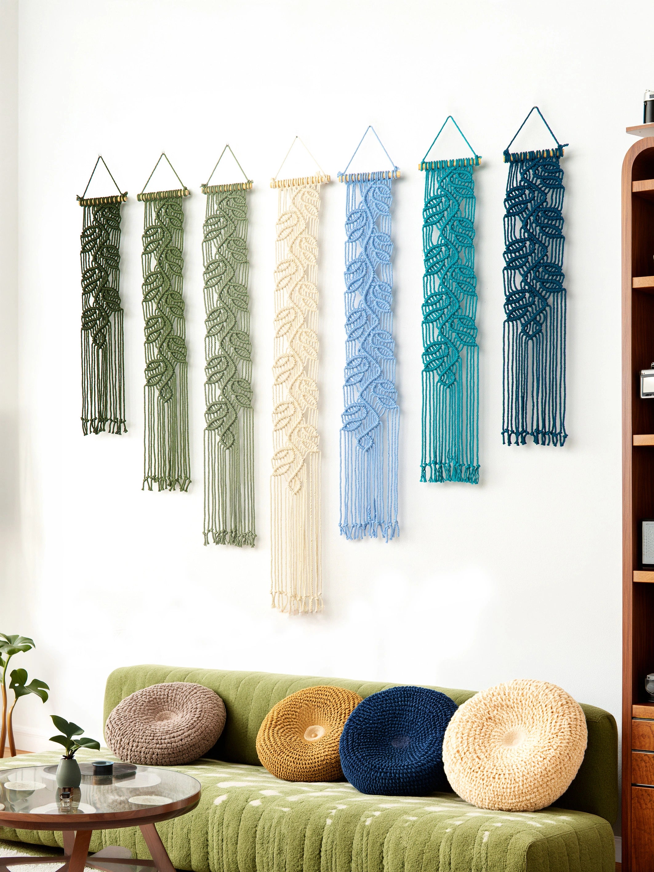 Six woven macrame wall hangings in green, beige, light blue, and dark teal are displayed in a row on a white wall above a green sofa with woven throw pillows.