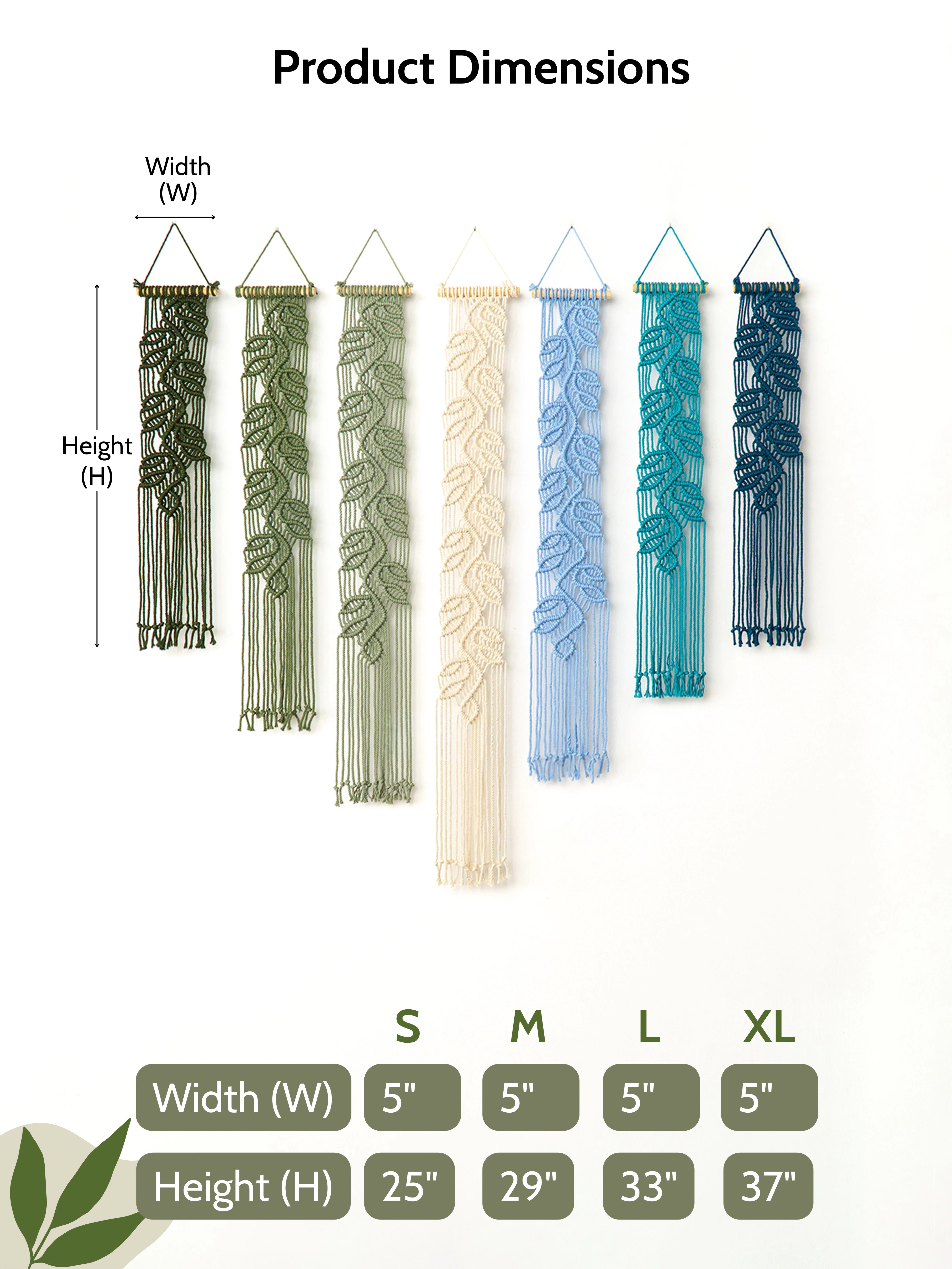 Product dimensions chart showing six hanging woven macrame wall hangings in different colors: green, olive green, cream, light blue, teal, and navy. The chart includes labeled dimensions for width and height and a size table for S, M, L, and XL.
