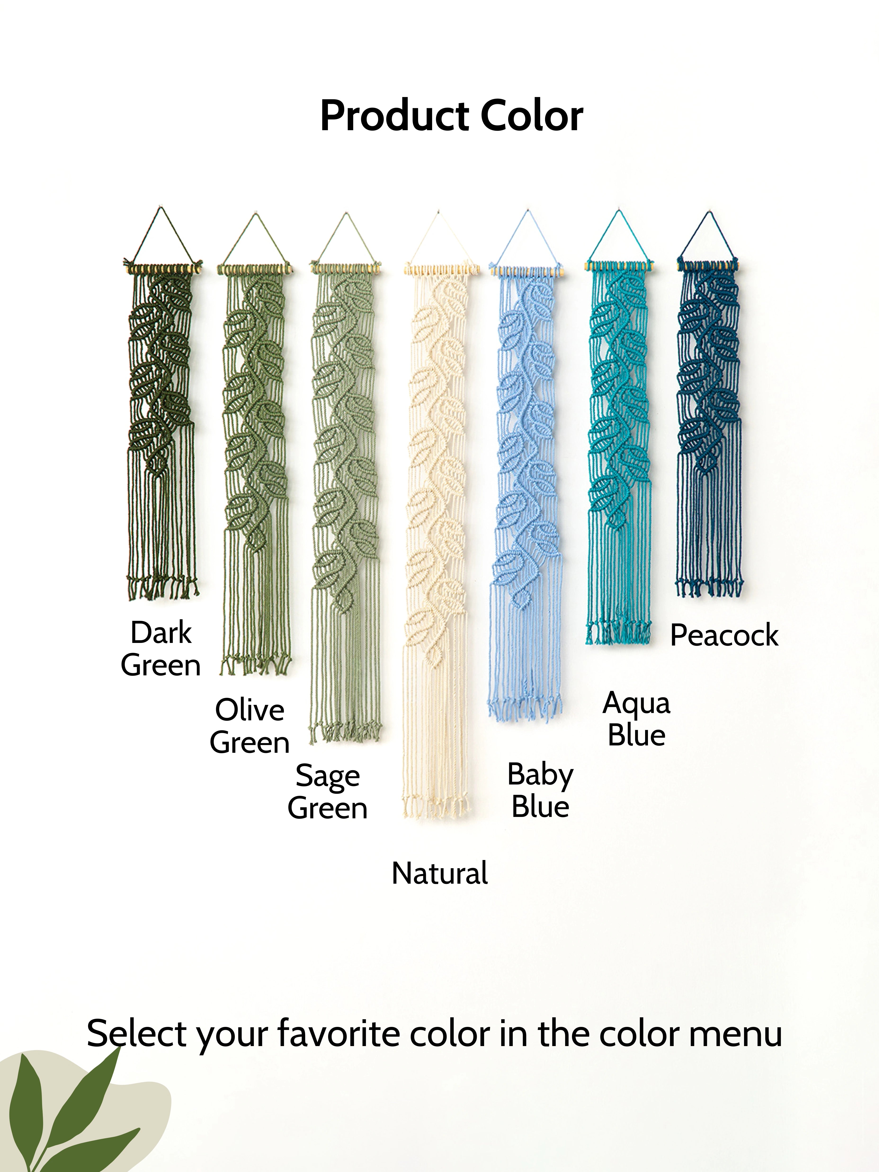 A color selection chart showing six woven wall hangings with leaf patterns and tassels, labeled Dark Green, Olive Green, Sage Green, Natural, Baby Blue, Aqua Blue, and Peacock, with text reading 'Product Color' and 'Select your favorite color in the color menu'.