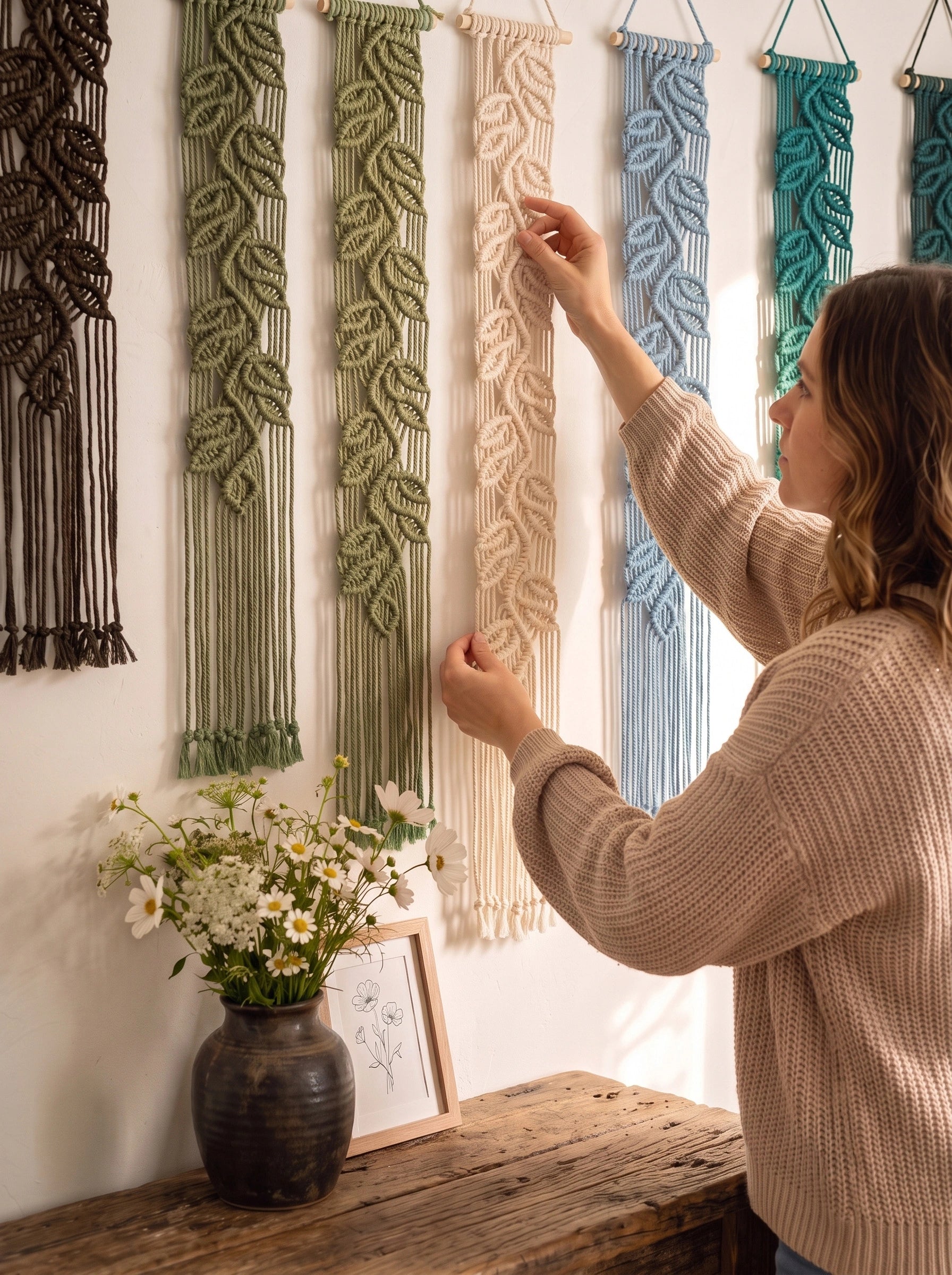 A woman in a beige knit sweater hangs a cream macrame wall hanging on a white wall, next to other woven wall hangings in green, blue, and teal. A rustic wooden table with a dark vase of white flowers is in the foreground.