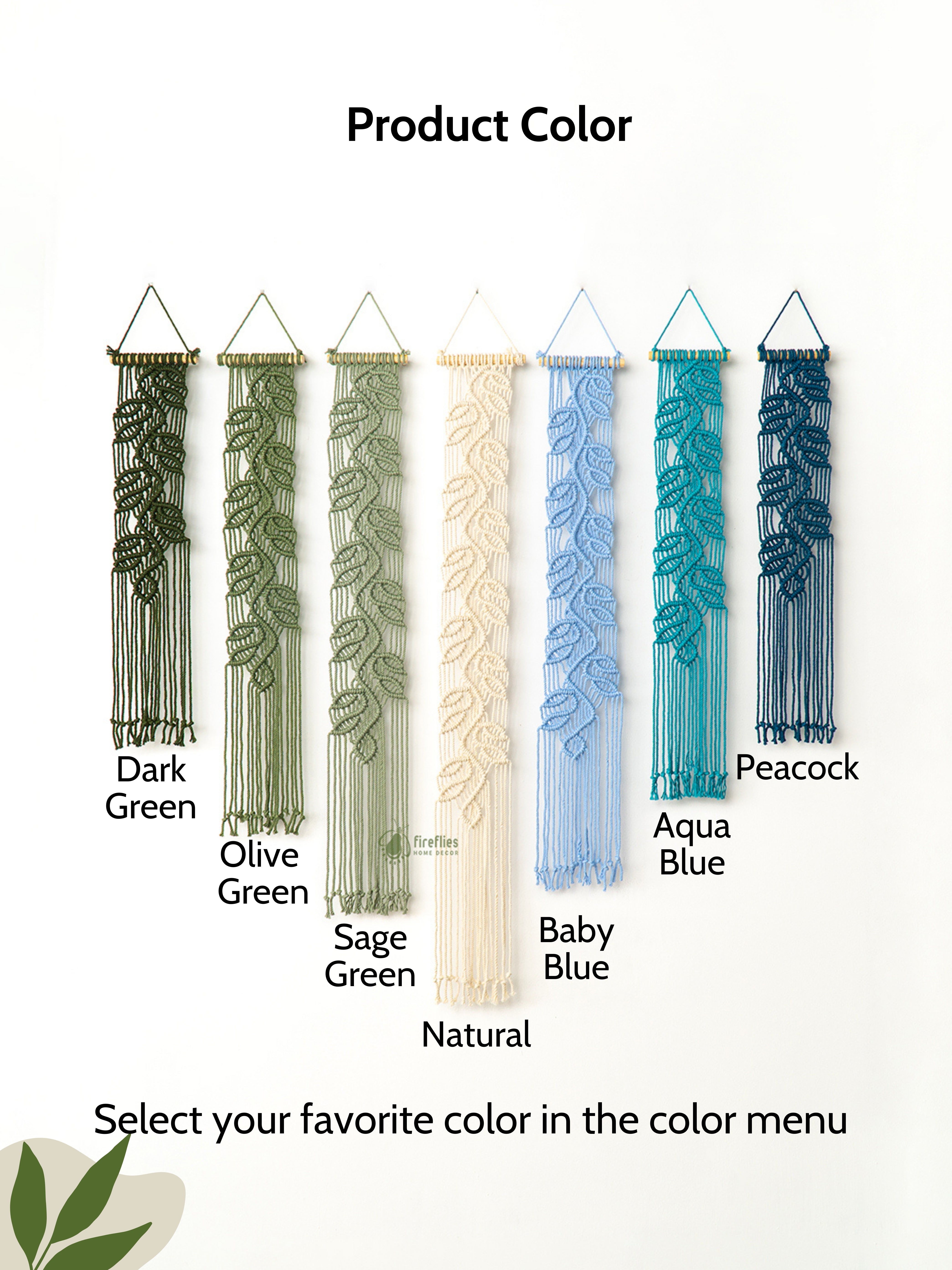 Color swatches of woven wall art in various shades of green and blue on a white background.
