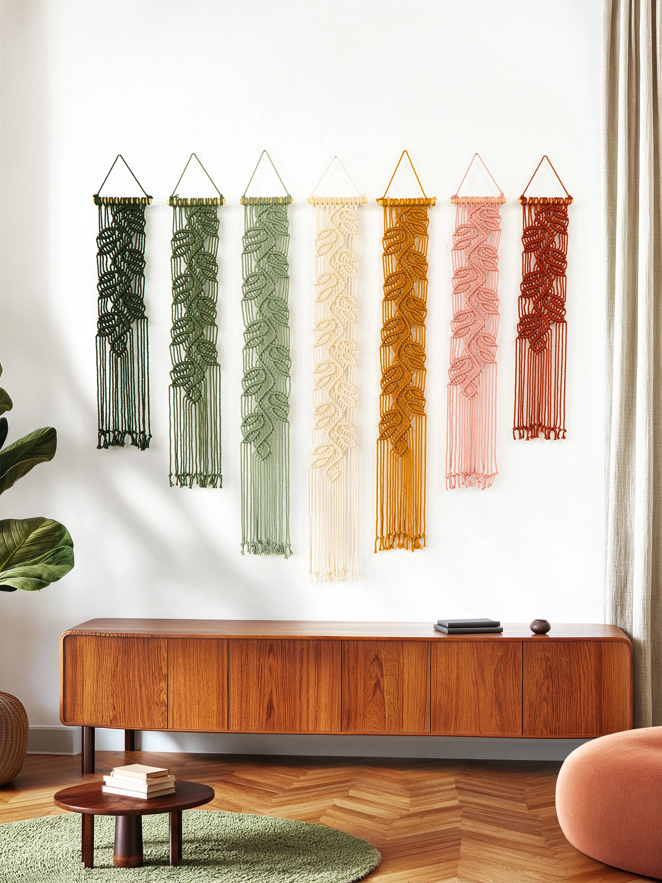 Six vertical macrame wall hangings with leaf patterns in black, green, sage, cream, mustard, blush, and terracotta, displayed on a white wall above a mid-century modern wooden console in a styled living room.