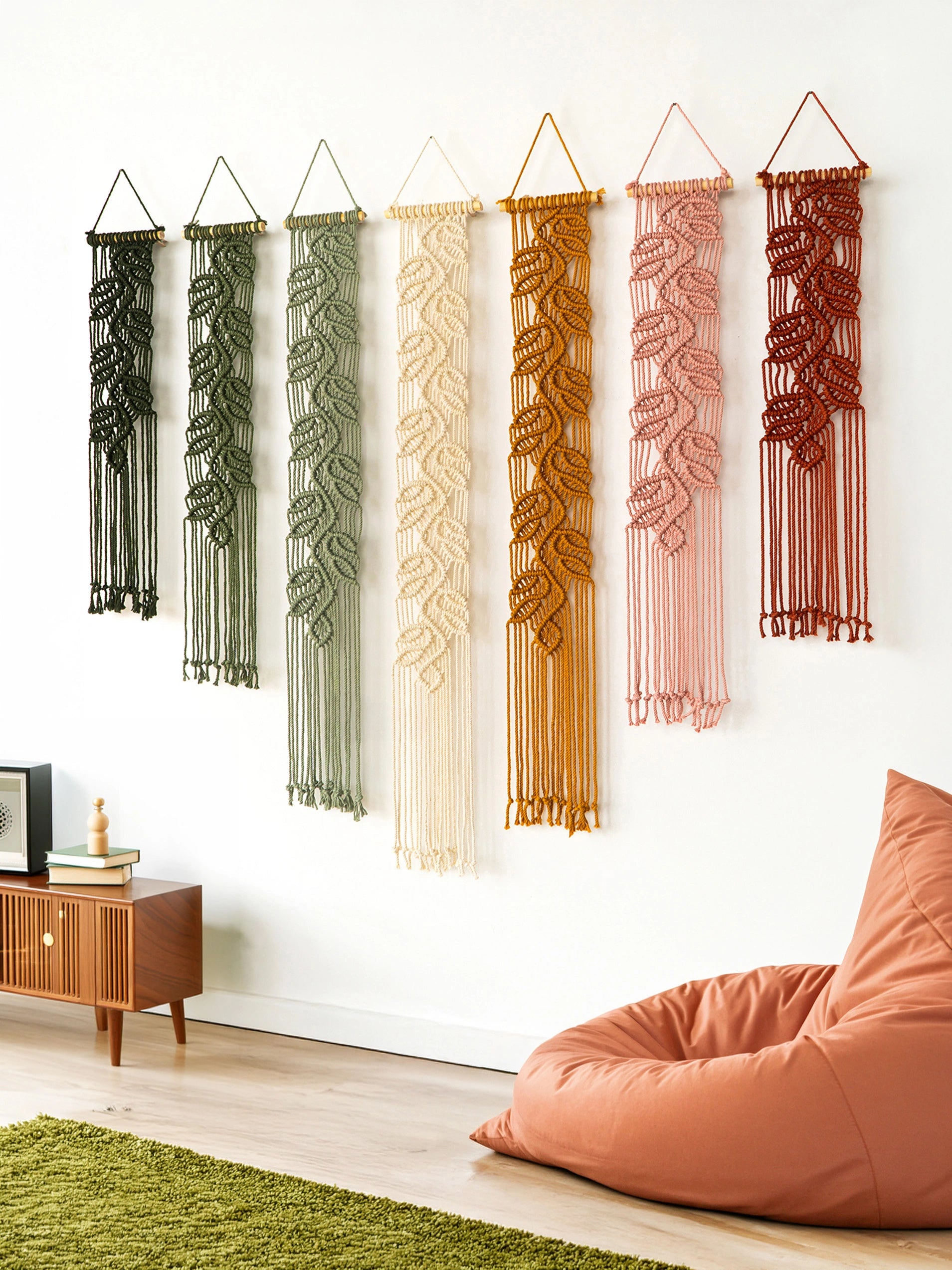Six woven macrame wall hangings in different colors are displayed on a white wall in a styled room with a wooden side table, green rug, and orange beanbag chair.