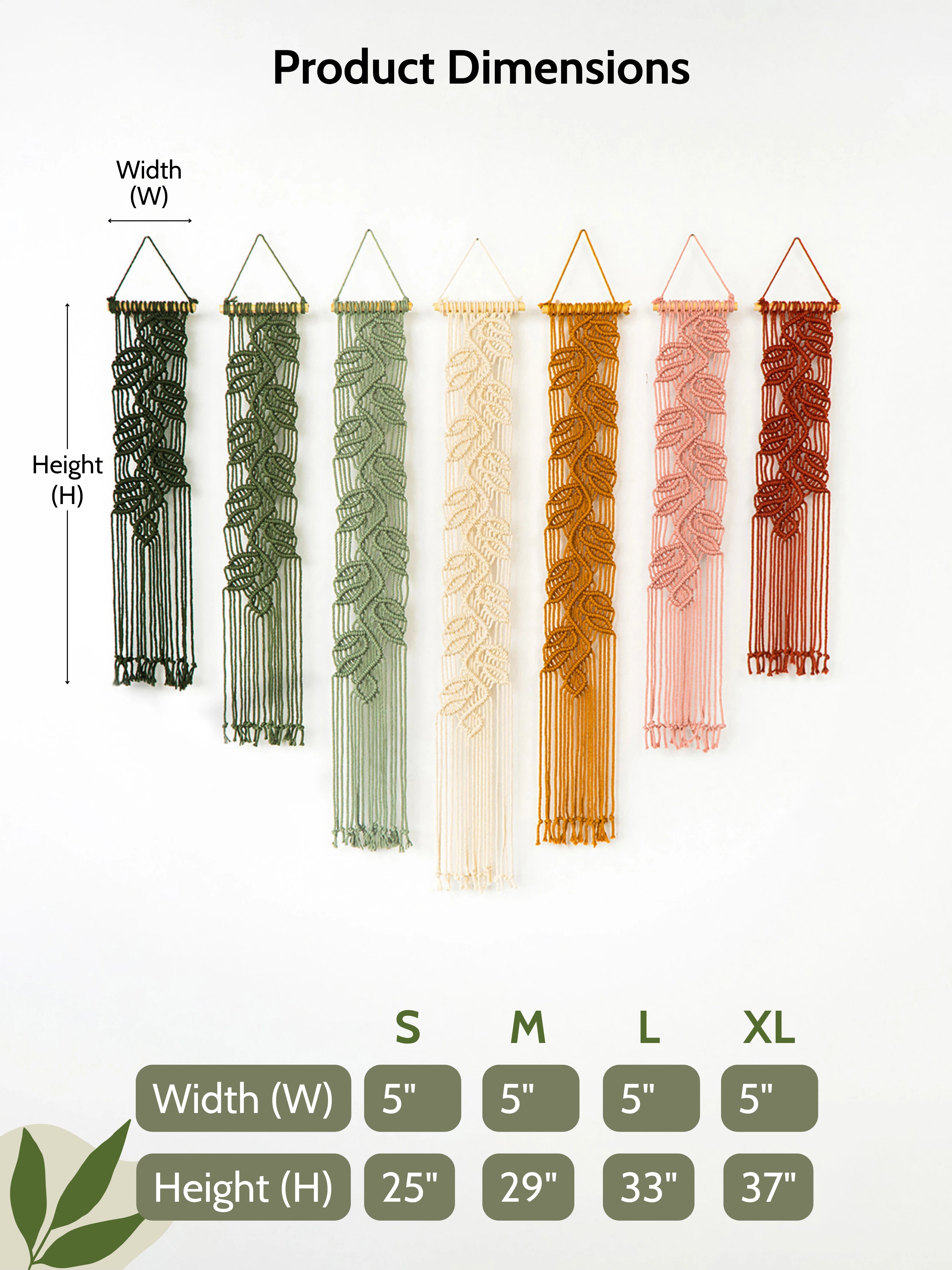 Product dimensions chart showing six hanging macrame wall hangings in different colors: dark green, olive green, cream, mustard orange, blush pink, and terracotta red. The chart includes labeled dimensions for width and height and a size table for S, M, L, and XL.