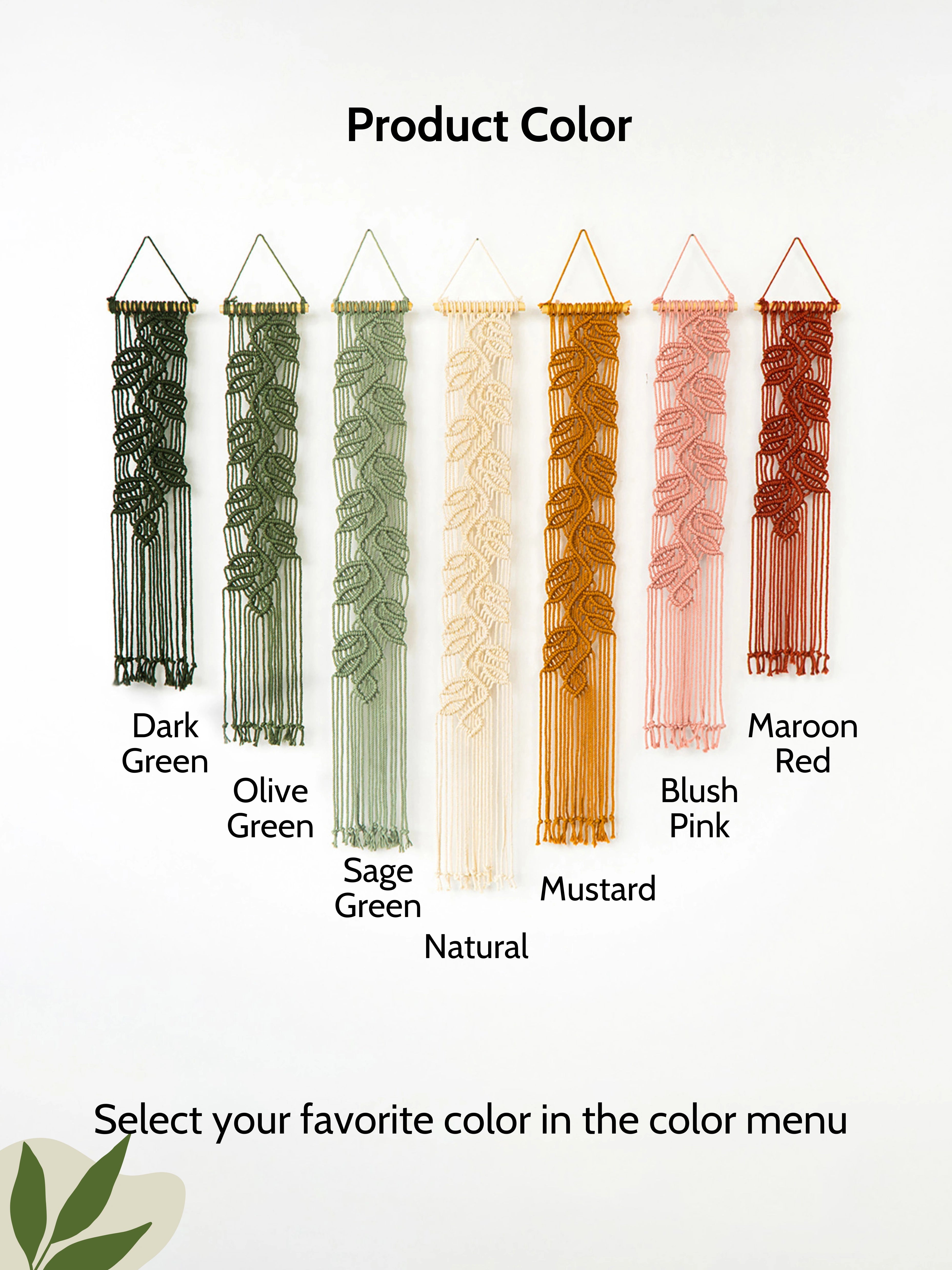 A color selection chart showing six hanging macrame wall hangings in different colors: Dark Green, Olive Green, Sage Green, Natural, Mustard, and Maroon Red, with labels and the text 'Product Color' and 'Select your favorite color in the color menu'.