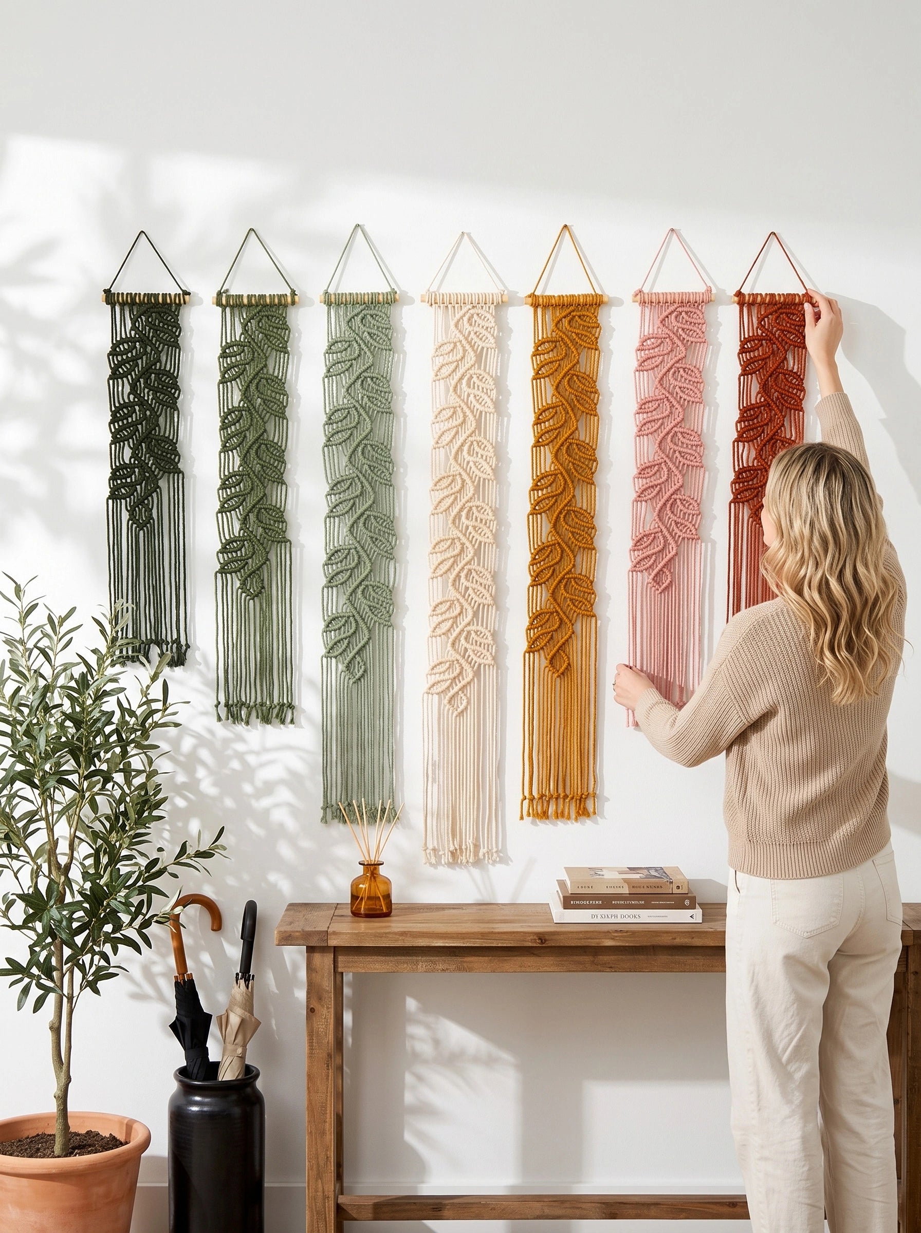 A woman hangs a pink macrame wall hanging on a white wall above a wooden console table. Six other macrame wall hangings in green, sage, cream, mustard, dusty pink, and terracotta are displayed on the wall in a bright, modern room with a potted plant and umbrella stand.