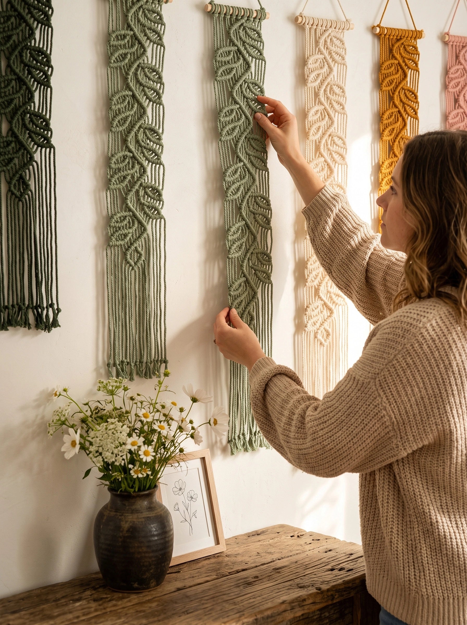A woman in a beige knit sweater hangs a green macrame wall hanging on a white wall, with other colorful woven wall hangings displayed above and a rustic wooden table with a vase of flowers below.