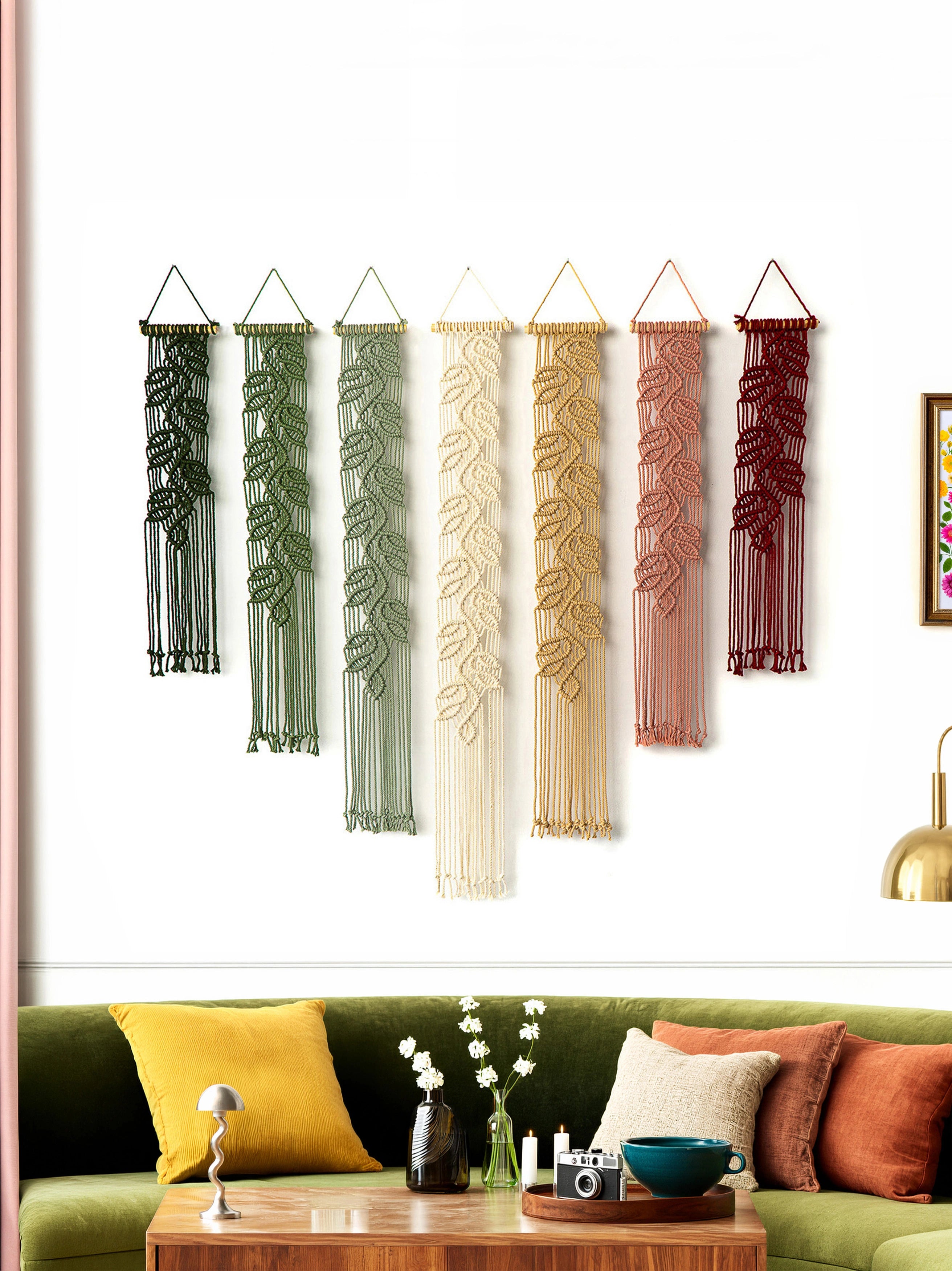 Six leafy macrame wall hangings in black, olive green, cream, beige, dusty rose, and burgundy are displayed on a white wall above a green sofa with yellow, cream, and rust pillows.