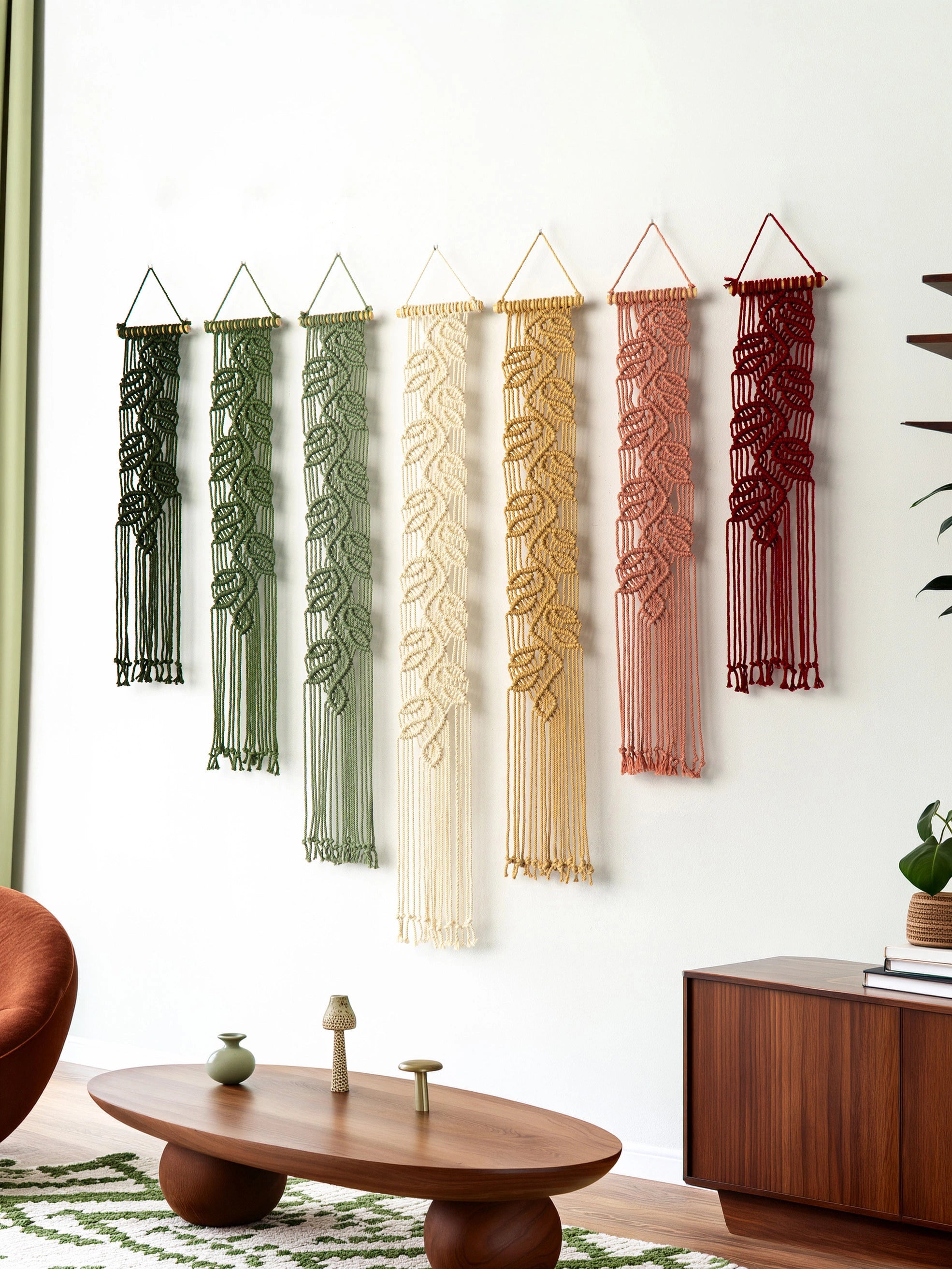 Six woven macrame wall hangings with leaf patterns are displayed in a row on a white wall in a modern living room setting. The colors of the macrame are dark green, olive green, cream, tan, dusty pink, and deep red.