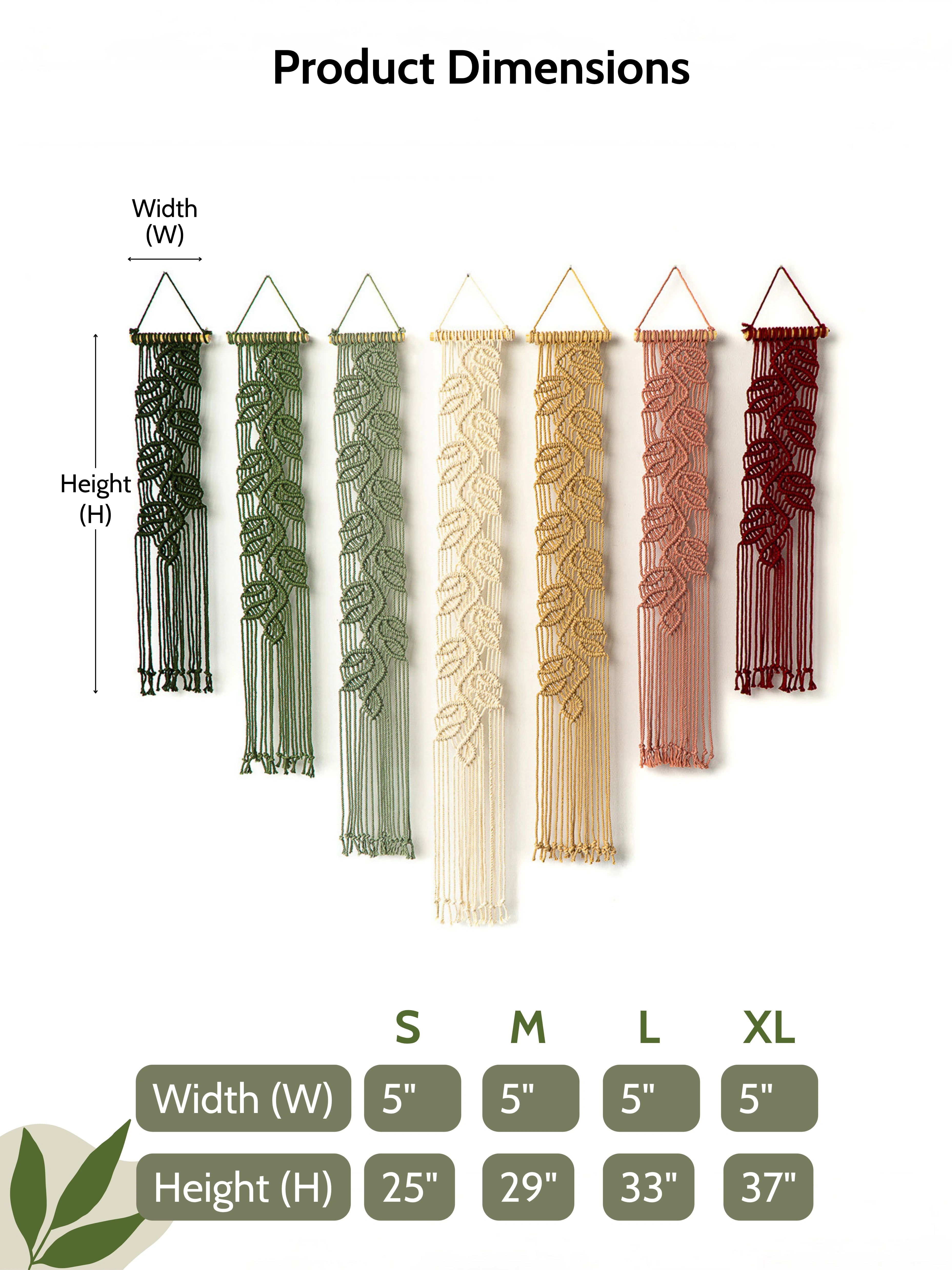 Product dimensions chart showing six macrame wall hangings in different colors with labeled width and height measurements, plus a size table for S, M, L, and XL.