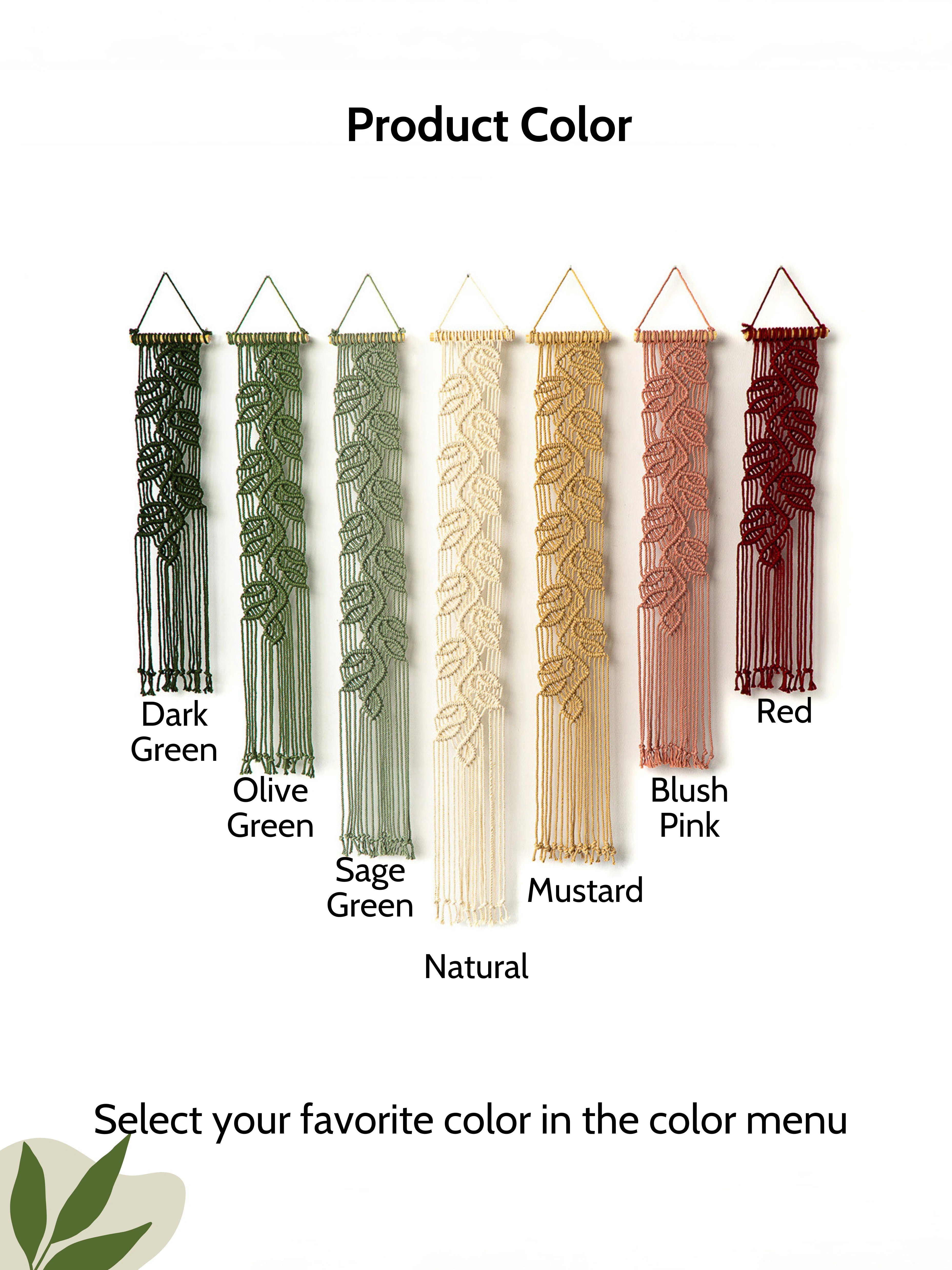 A color selection chart showing six woven macrame wall hangings with leaf patterns and fringe, labeled Dark Green, Olive Green, Sage Green, Natural, Mustard, Blush Pink, and Red, with text reading 'Product Color' and 'Select your favorite color in the color menu'.