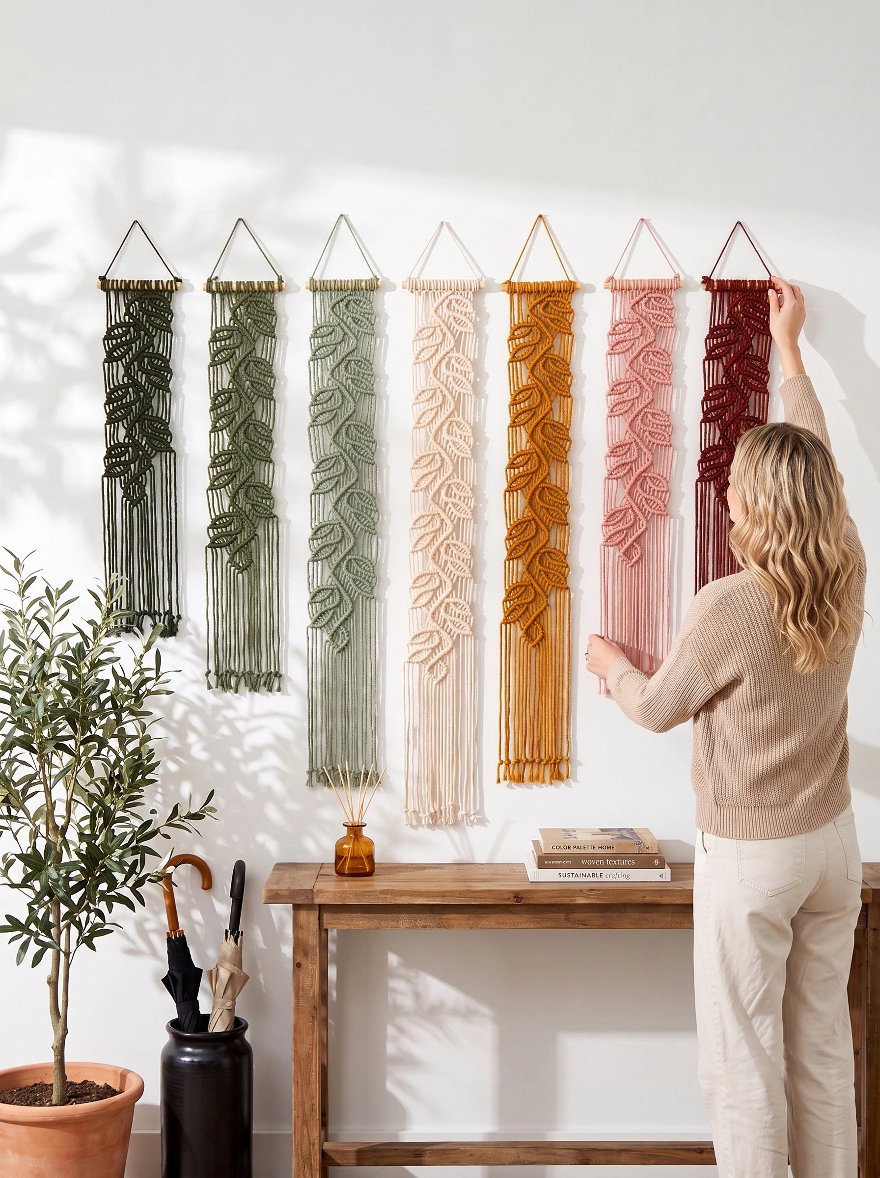 A woman hangs a woven macrame wall hanging on a white wall in a bright room. Six other macrame wall hangings in different colors are displayed on the wall above a wooden console table with a potted plant and books.