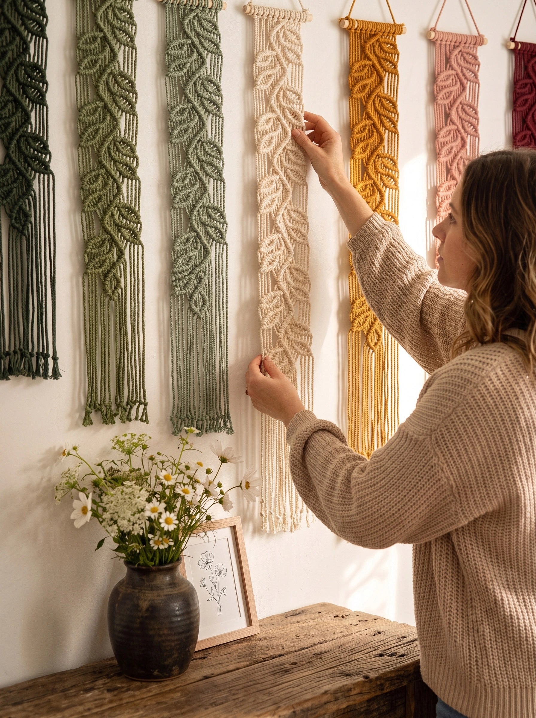 A woman in a beige knit sweater hangs a cream macrame wall hanging on a white wall, next to several other woven wall hangings in green, mustard yellow, pink, and burgundy. A rustic wooden table with a dark vase of daisies is in the foreground.