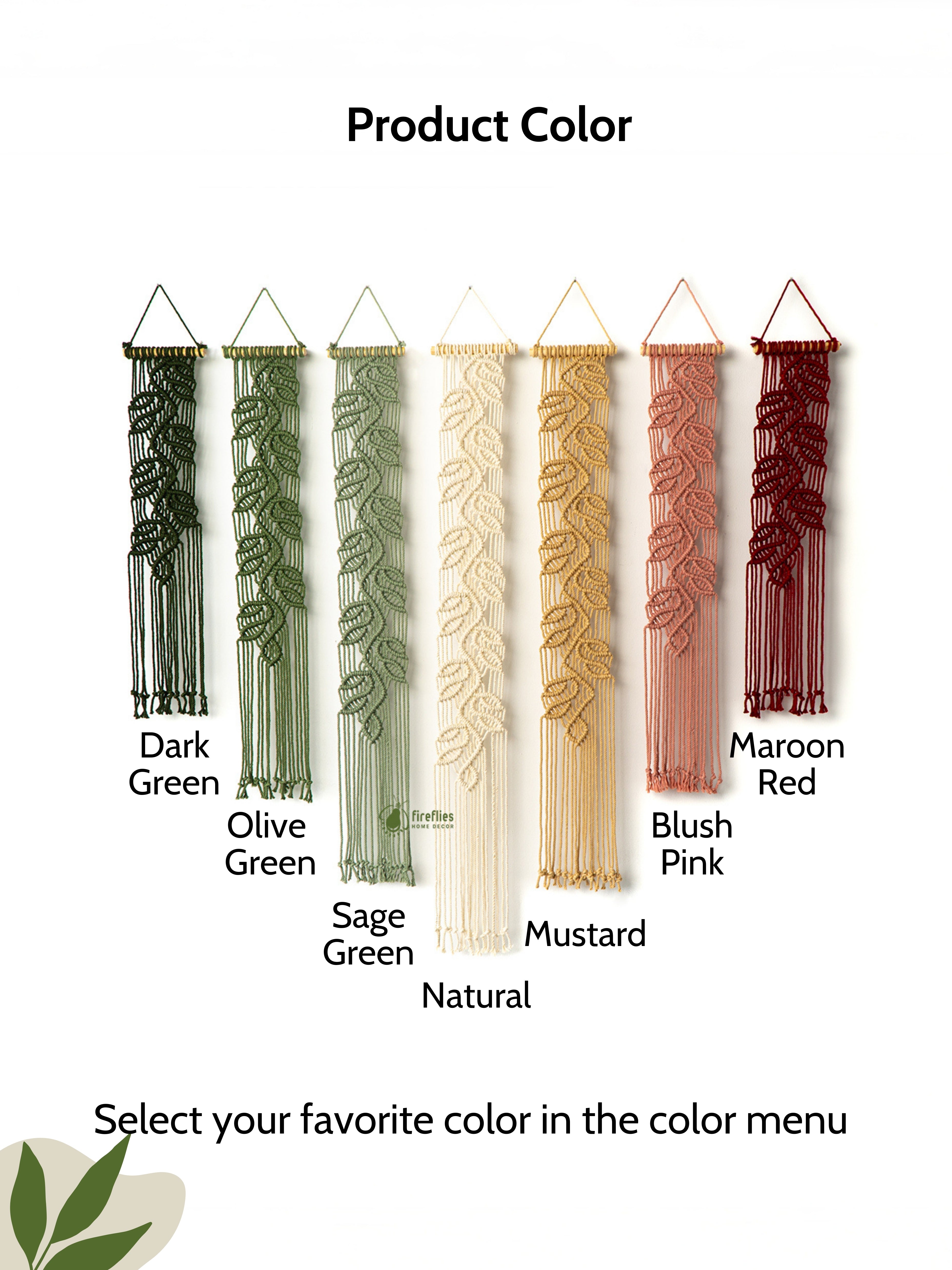 Artisan-made macrame panels with a botanical motif in shades of dark green, olive, sage, cream, gold, pink, and deep red.