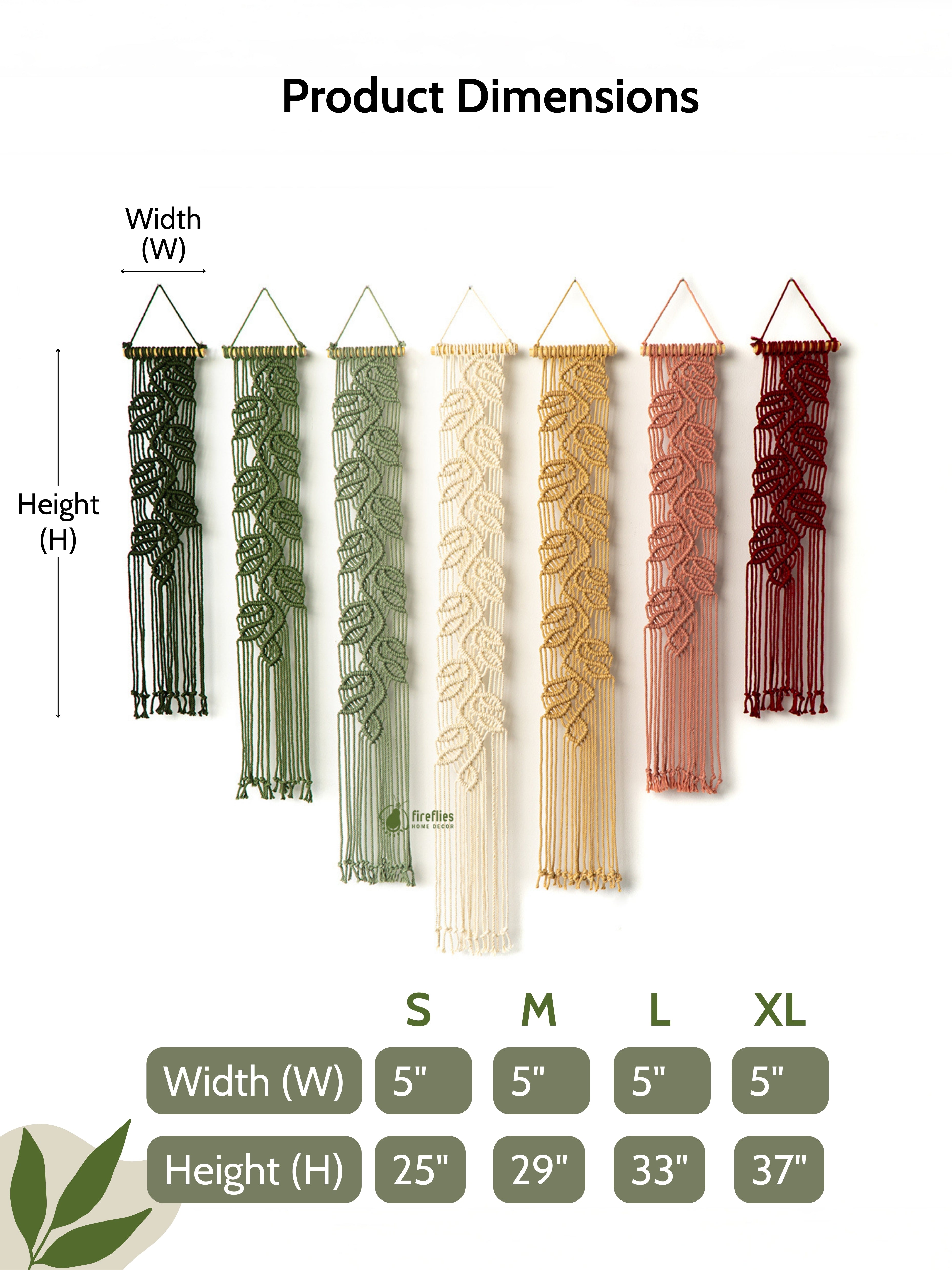 Product dimensions chart for wall hangings with leaf patterns and color options.