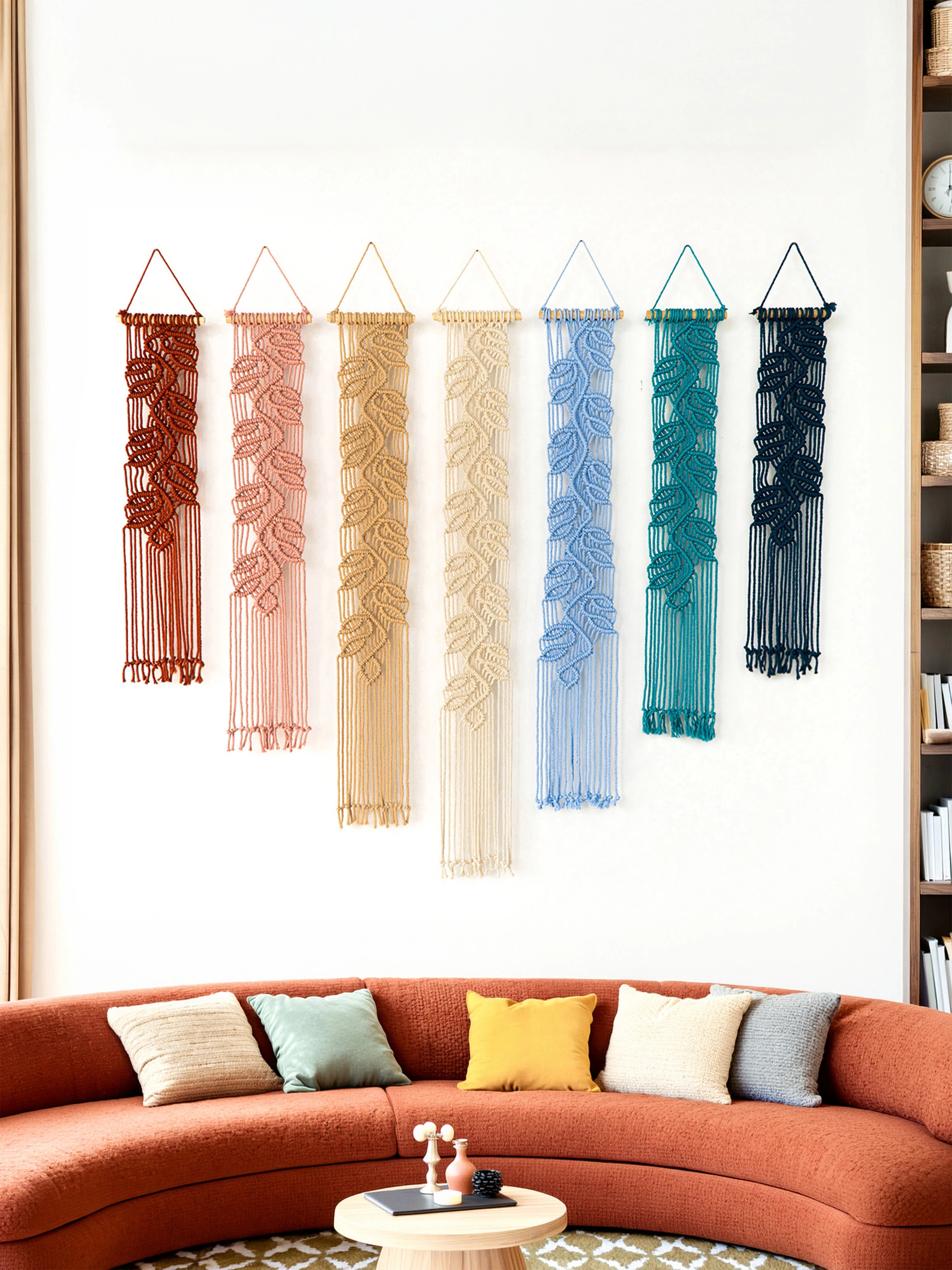 Six woven macrame wall hangings in terracotta, peach, beige, cream, light blue, teal, and navy are displayed in a row on a white wall above a curved rust-orange sofa with accent pillows.