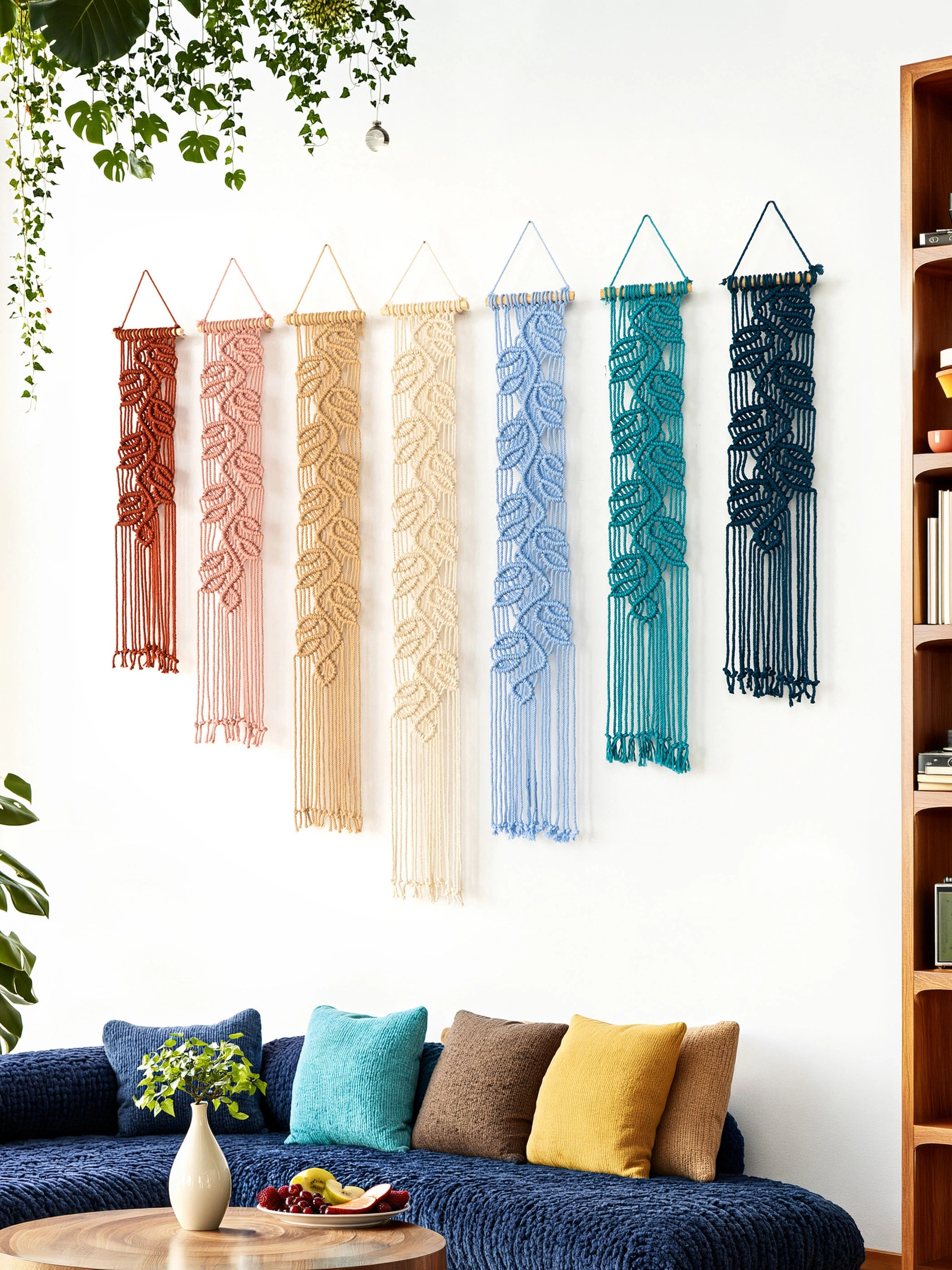 Six woven macrame wall hangings in assorted colors are displayed on a white wall above a blue sofa with decorative pillows in a styled living room setting.