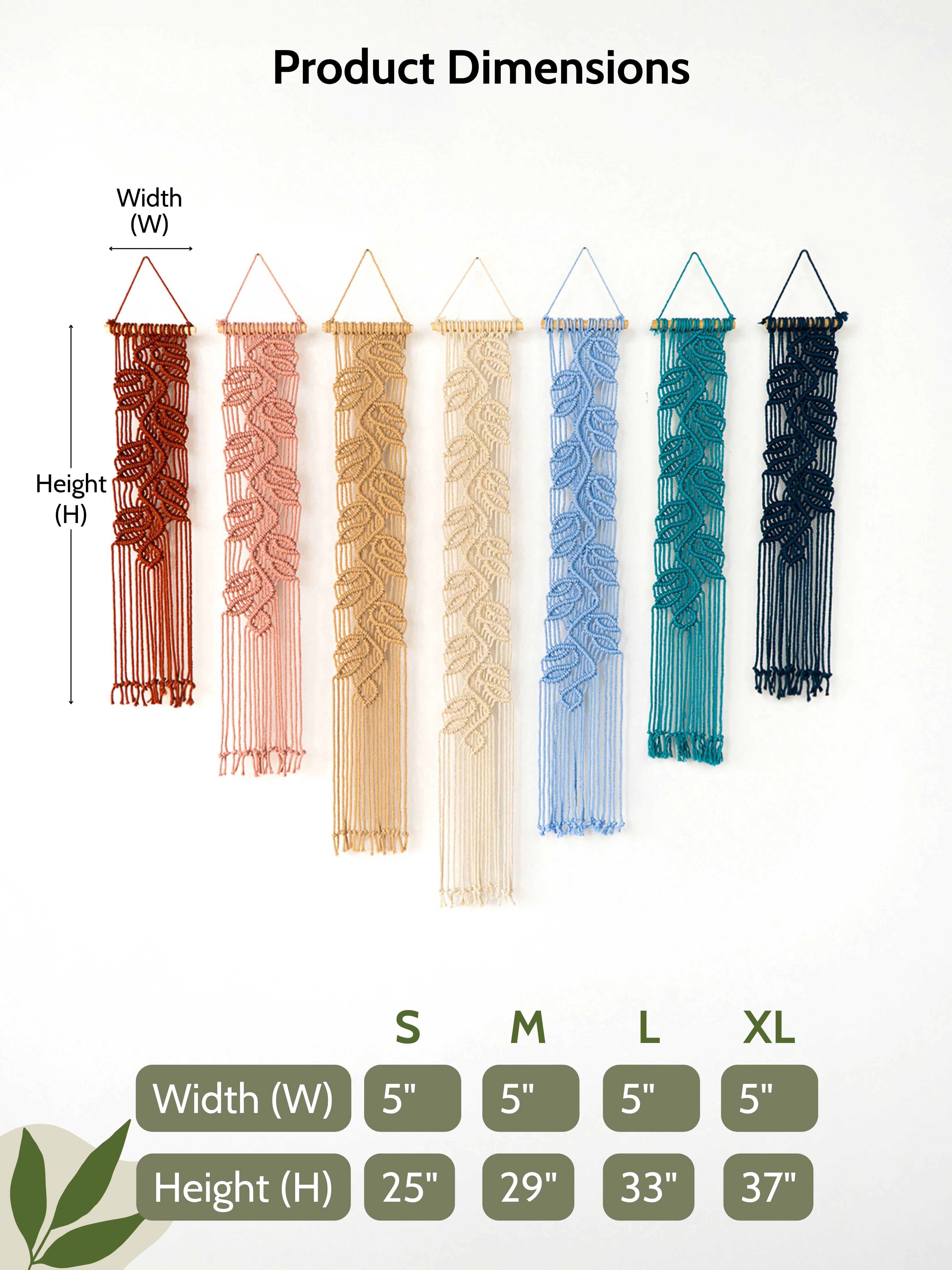 Product dimensions chart showing six macrame wall hangings in different colors (rust, peach, beige, light blue, teal, and navy) with labeled width and height measurements, plus a size table for S, M, L, and XL.
