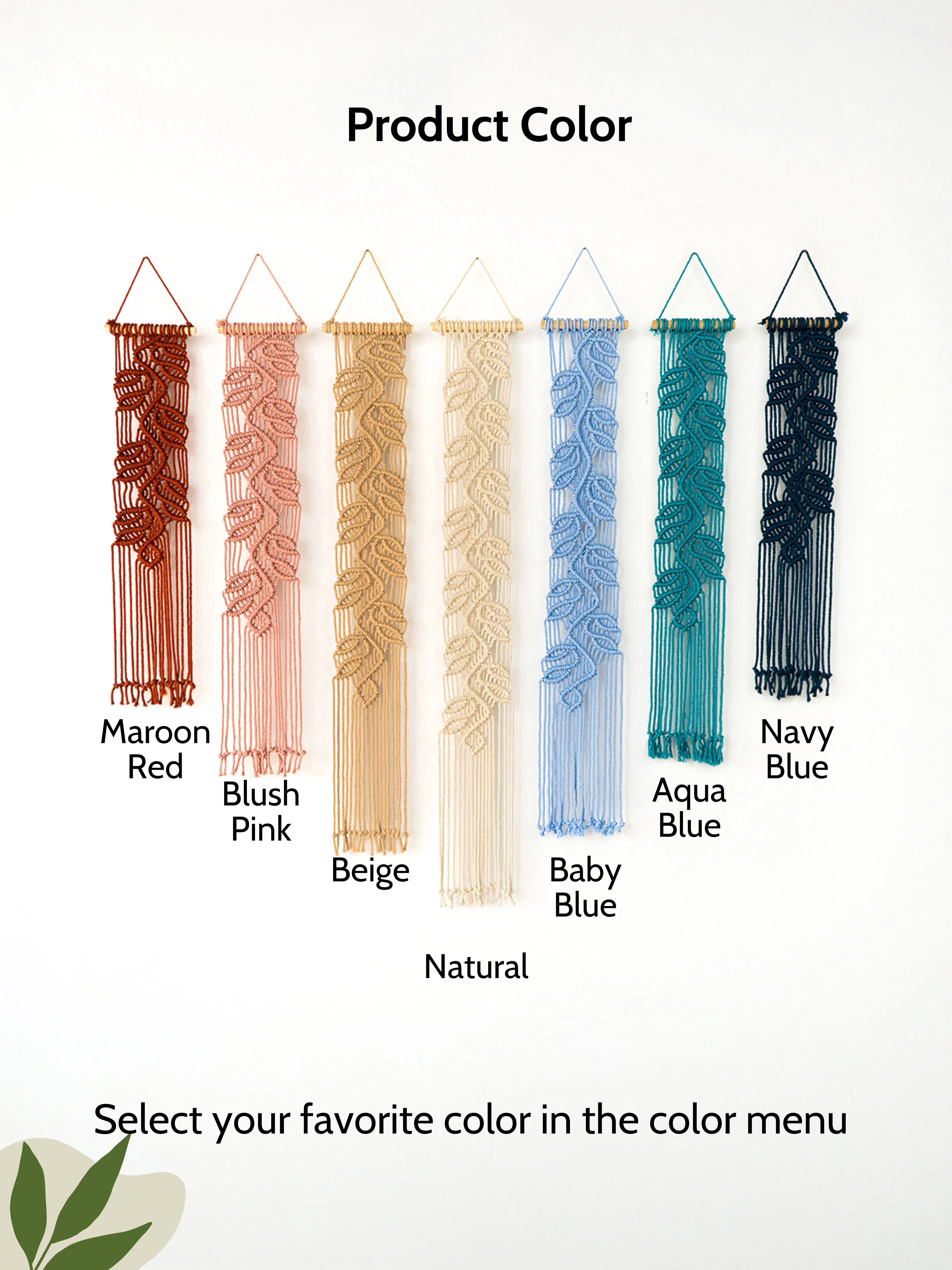 A color selection chart showing seven hanging macrame wall hangings in different colors: Maroon Red, Blush Pink, Beige, Baby Blue, Aqua Blue, Natural, and Navy Blue, with text reading 'Product Color' and 'Select your favorite color in the color menu'.