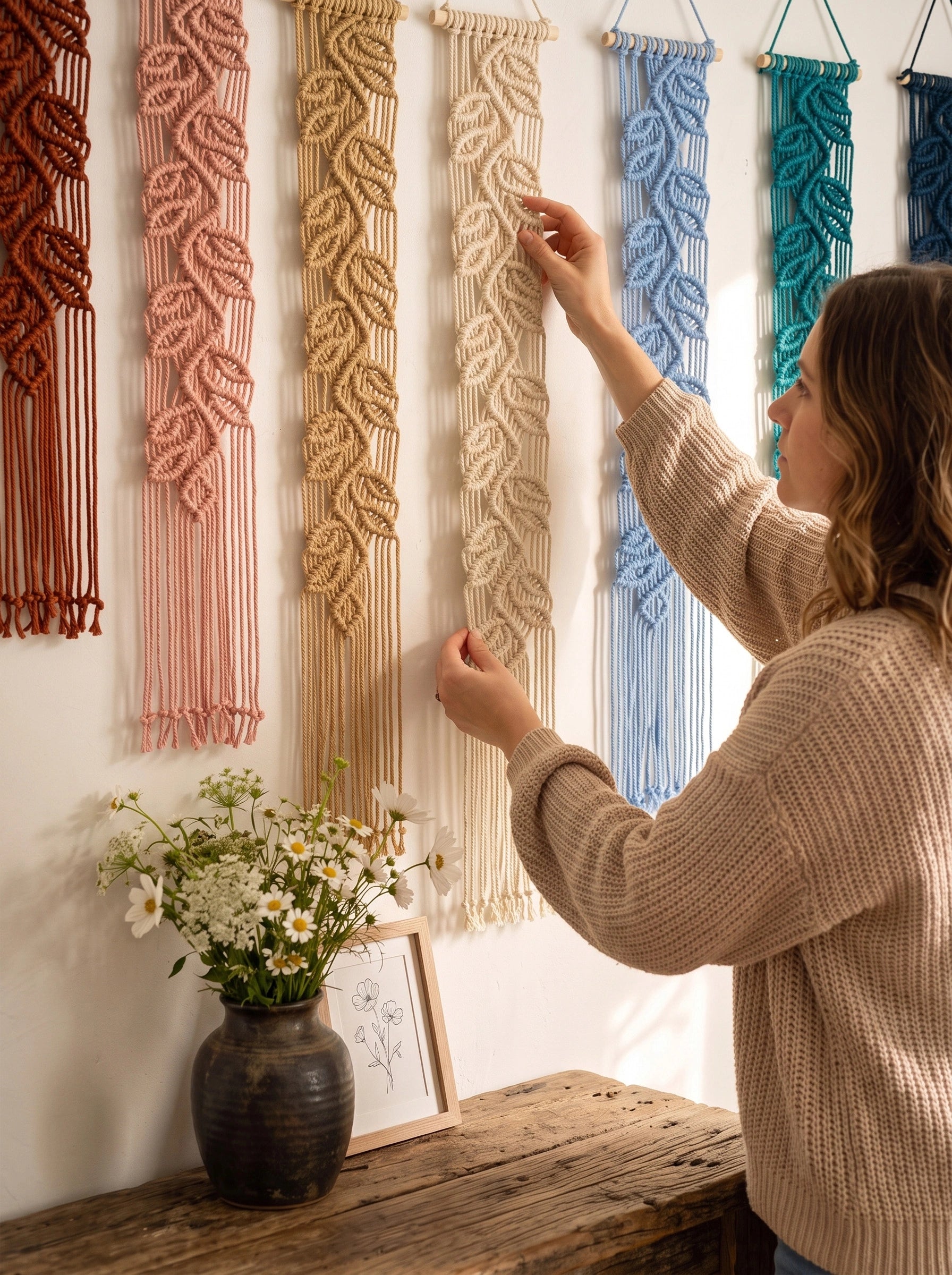 A woman in a beige knit sweater hangs a cream macrame wall hanging on a white wall, with other colorful macrame wall hangings displayed alongside and a rustic wooden table with a vase of flowers below.