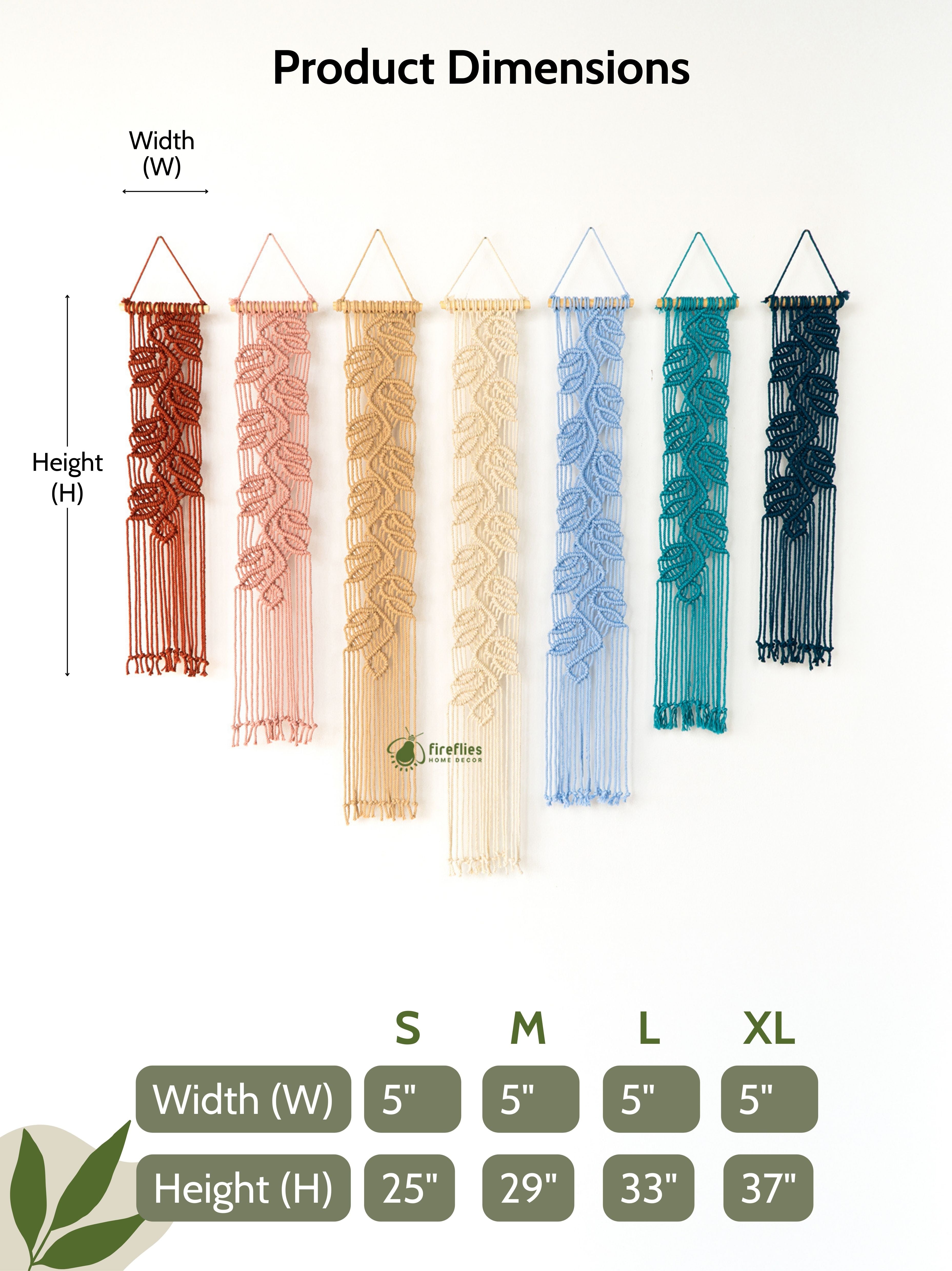 Custom fiber art display of vertical banners with a complex trailing vine design in bright terracotta, pink, beige, blue, and teal.