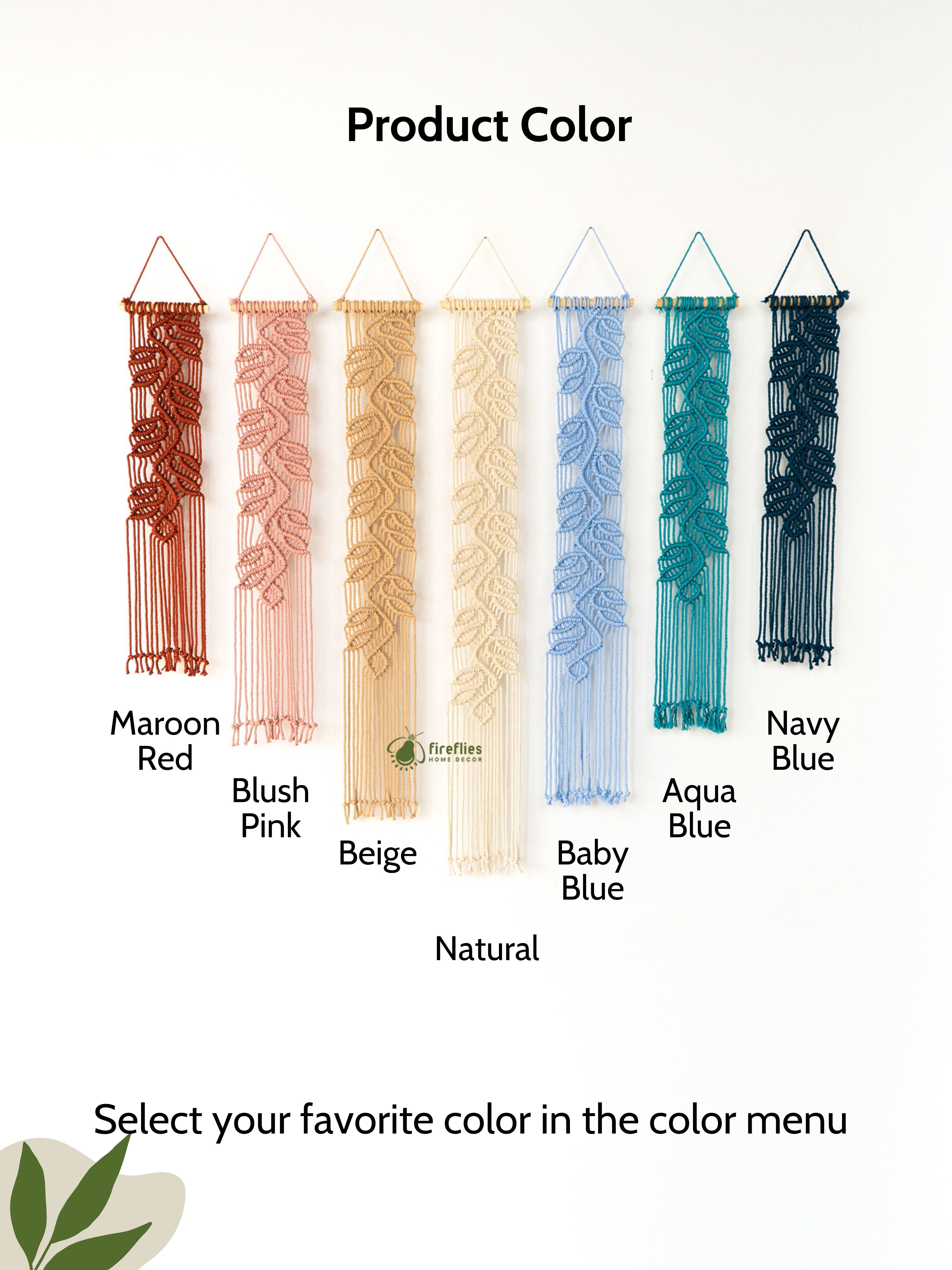 Color swatches of decorative hanging plants with labels for color names and a brand logo.