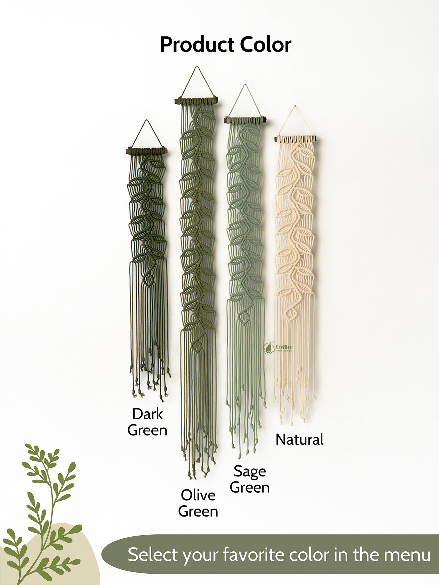 Four macrame wall hangings in different colors on a white background